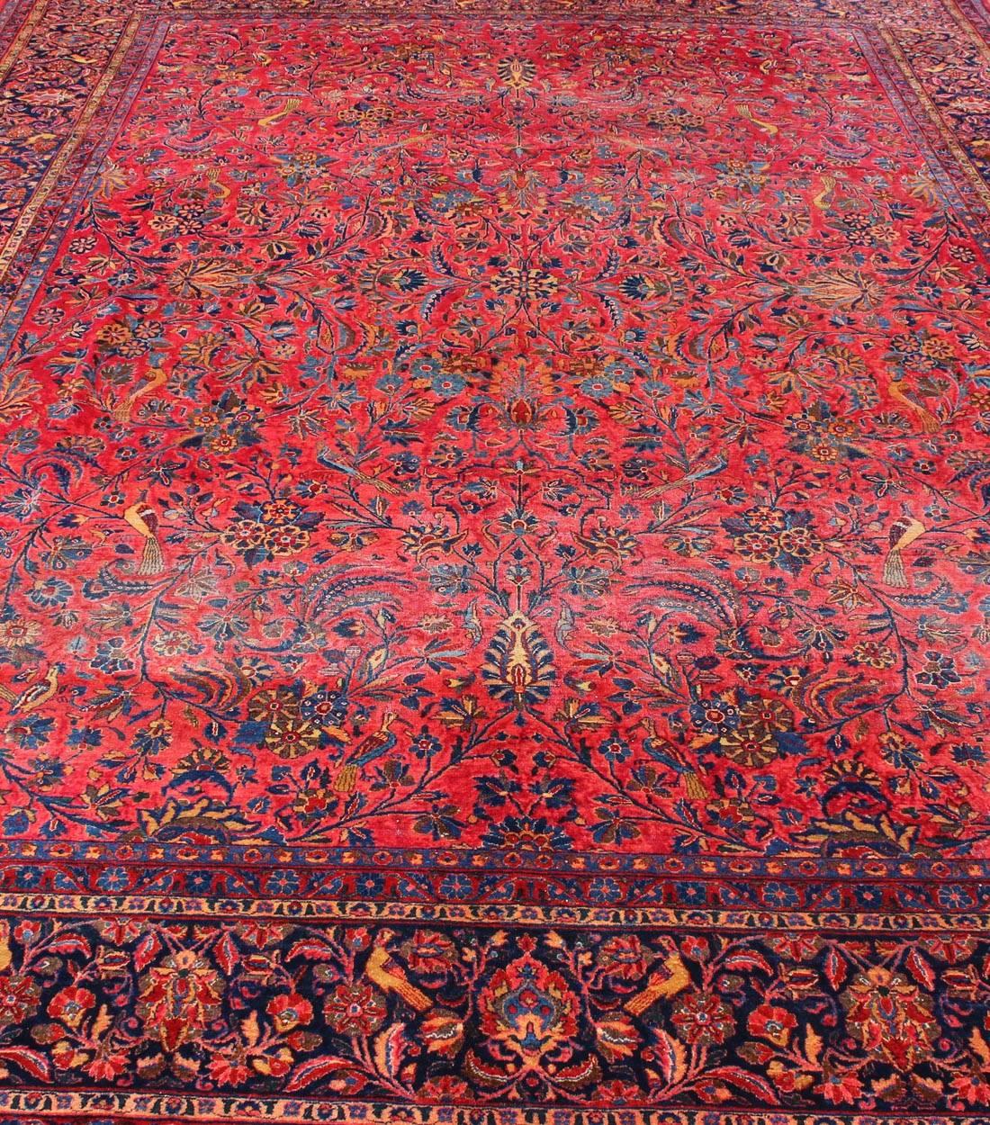 Antique Persian Kashan Rug With a All-Over Design On A Red Field and Blue Border For Sale 5