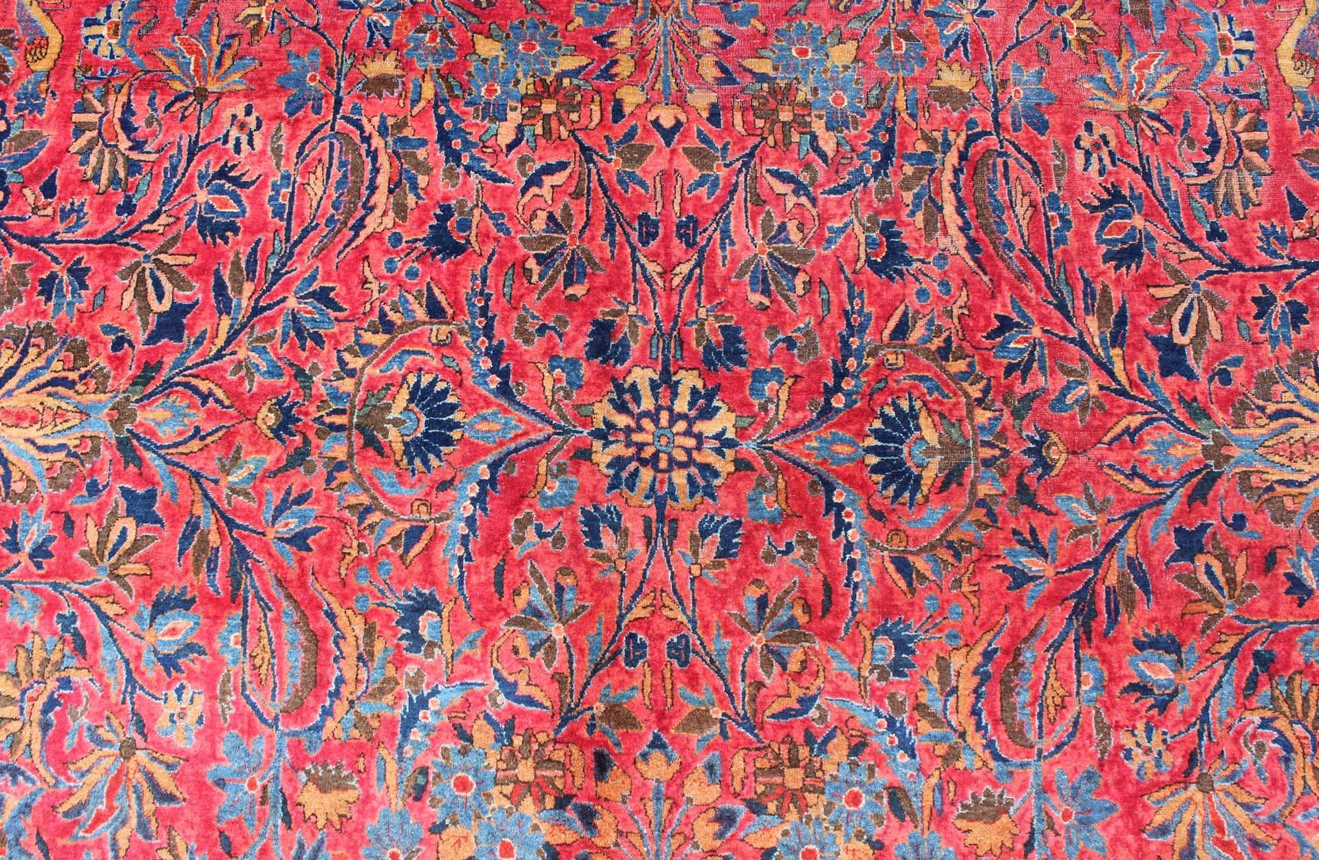 Antique Persian Kashan Rug With a All-Over Design On A Red Field and Blue Border For Sale 6