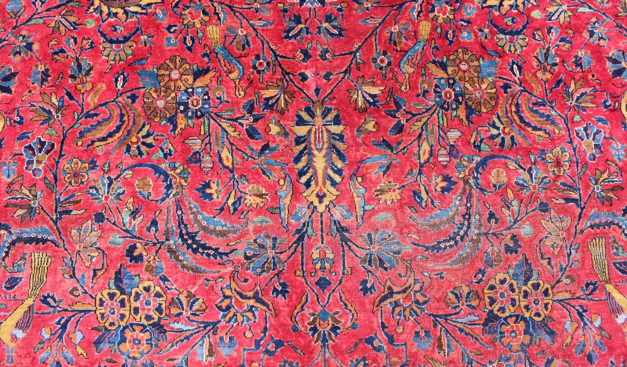 Antique Persian Kashan Rug With a All-Over Design On A Red Field and Blue Border For Sale 7