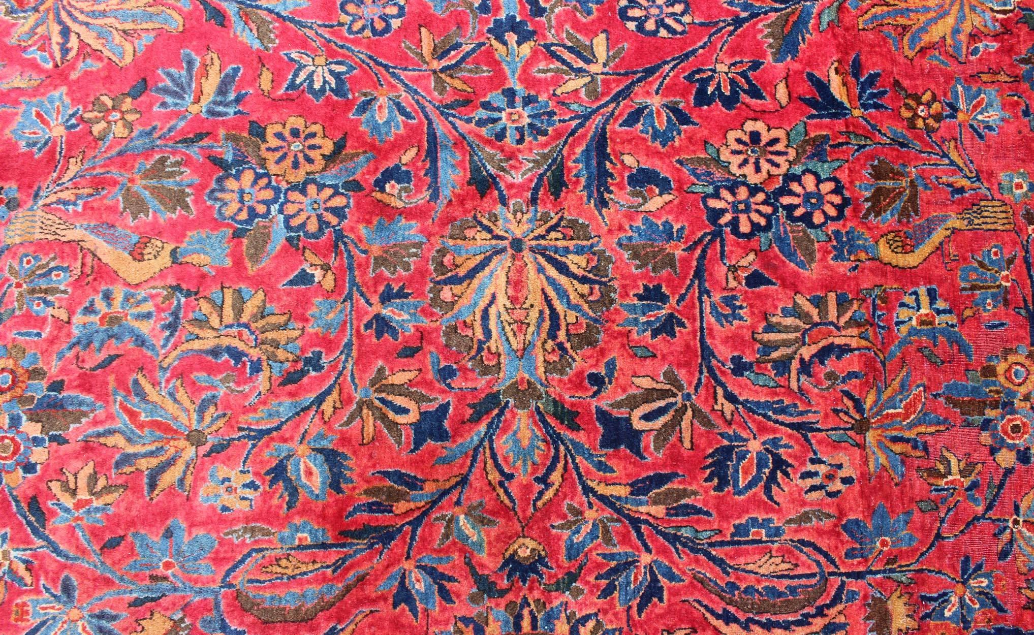 Antique Persian Kashan Rug With a All-Over Design On A Red Field and Blue Border For Sale 8