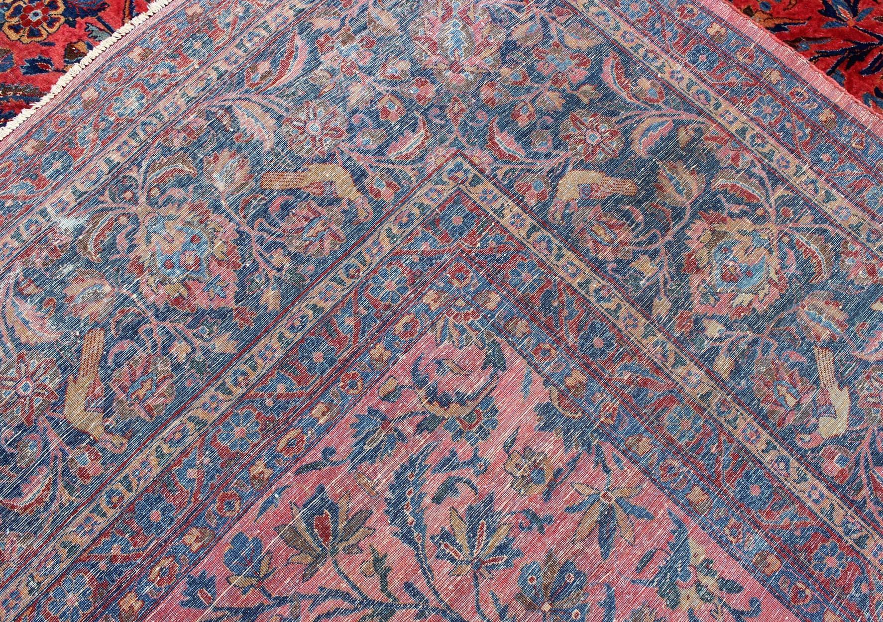 Antique Persian Kashan Rug With a All-Over Design On A Red Field and Blue Border For Sale 9