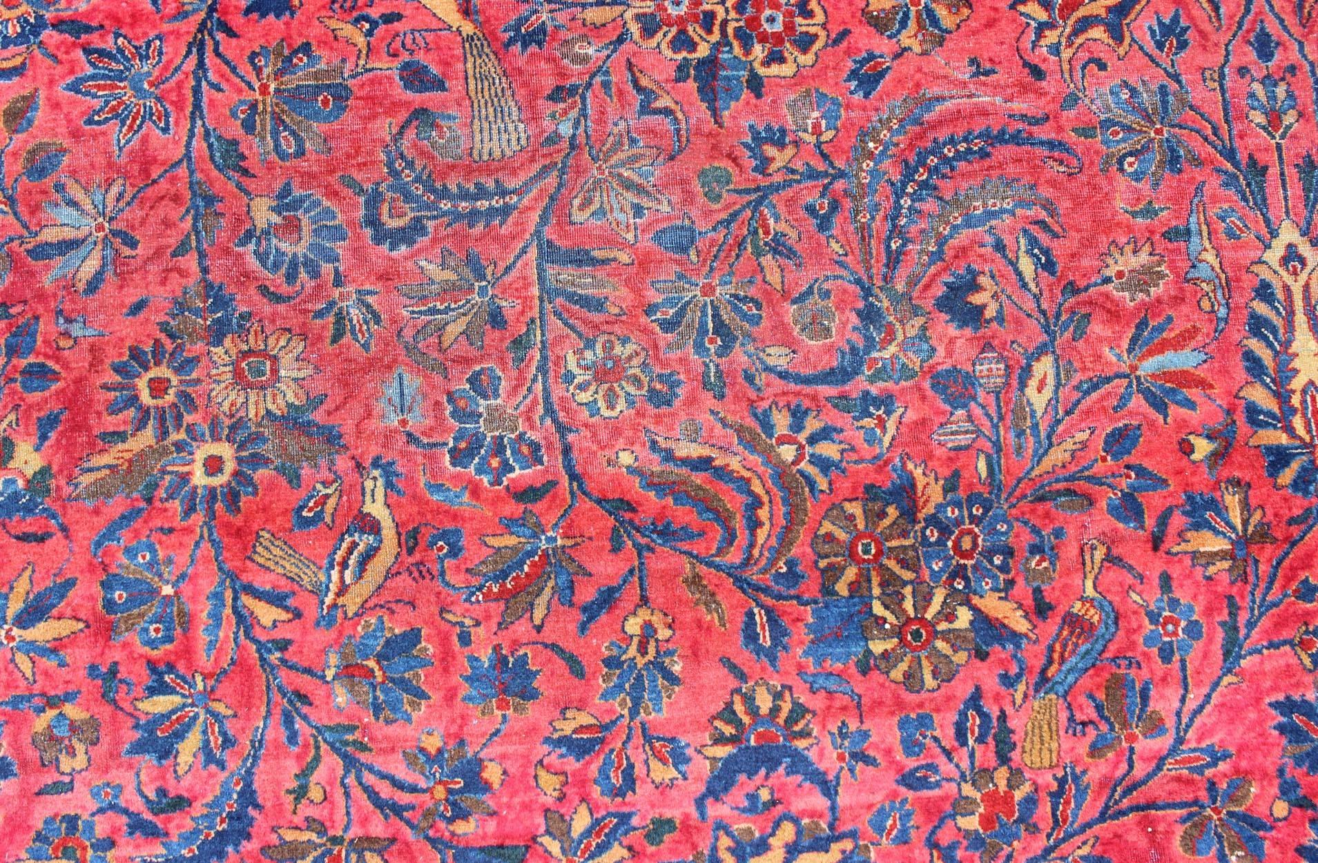 Antiker persischer Kashan-Teppich mit All-Over-Design auf rotem Feld und blauer Bordüre im Zustand „Gut“ im Angebot in Atlanta, GA