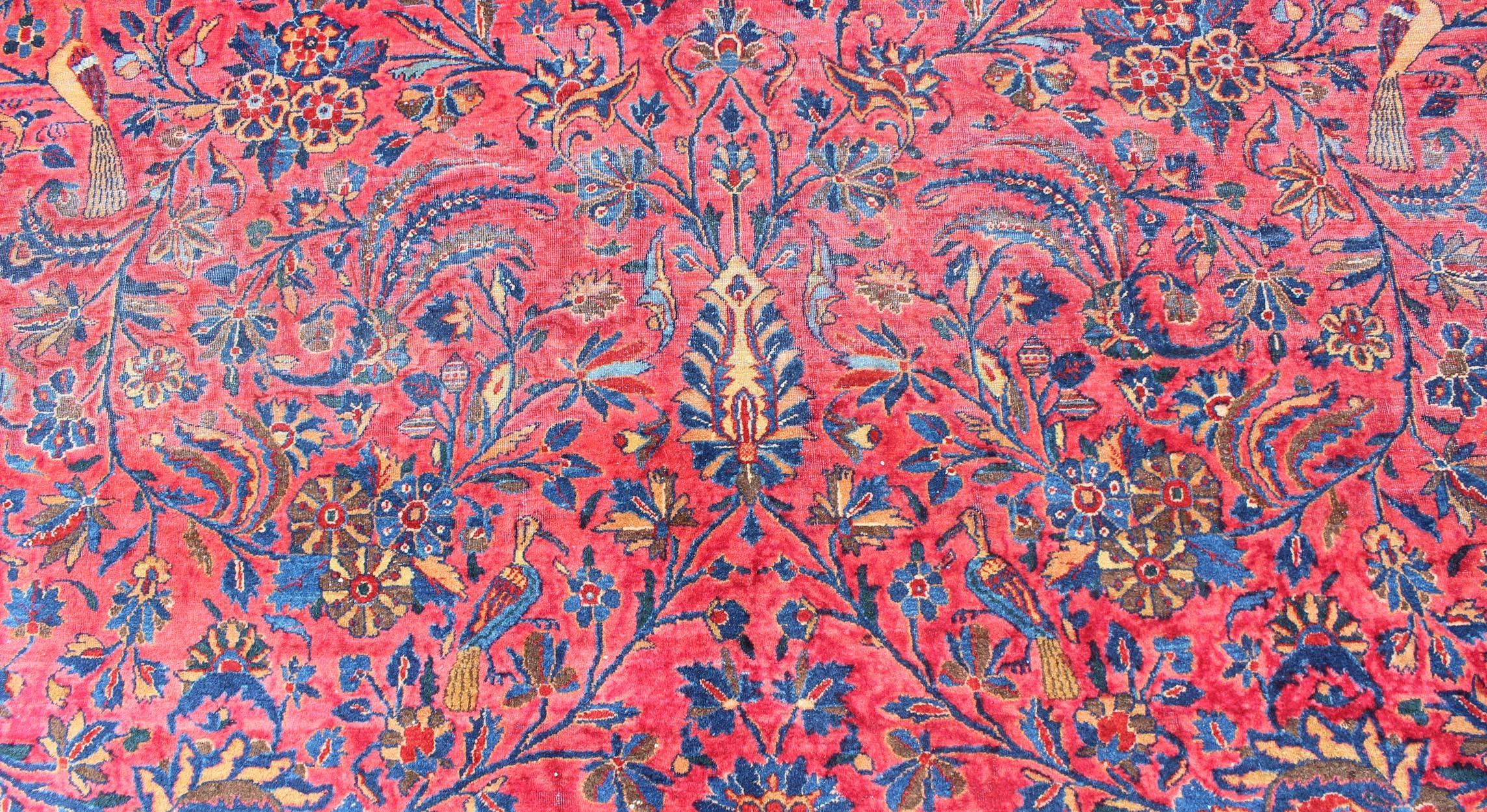 Antique Persian Kashan Rug With a All-Over Design On A Red Field and Blue Border For Sale 1