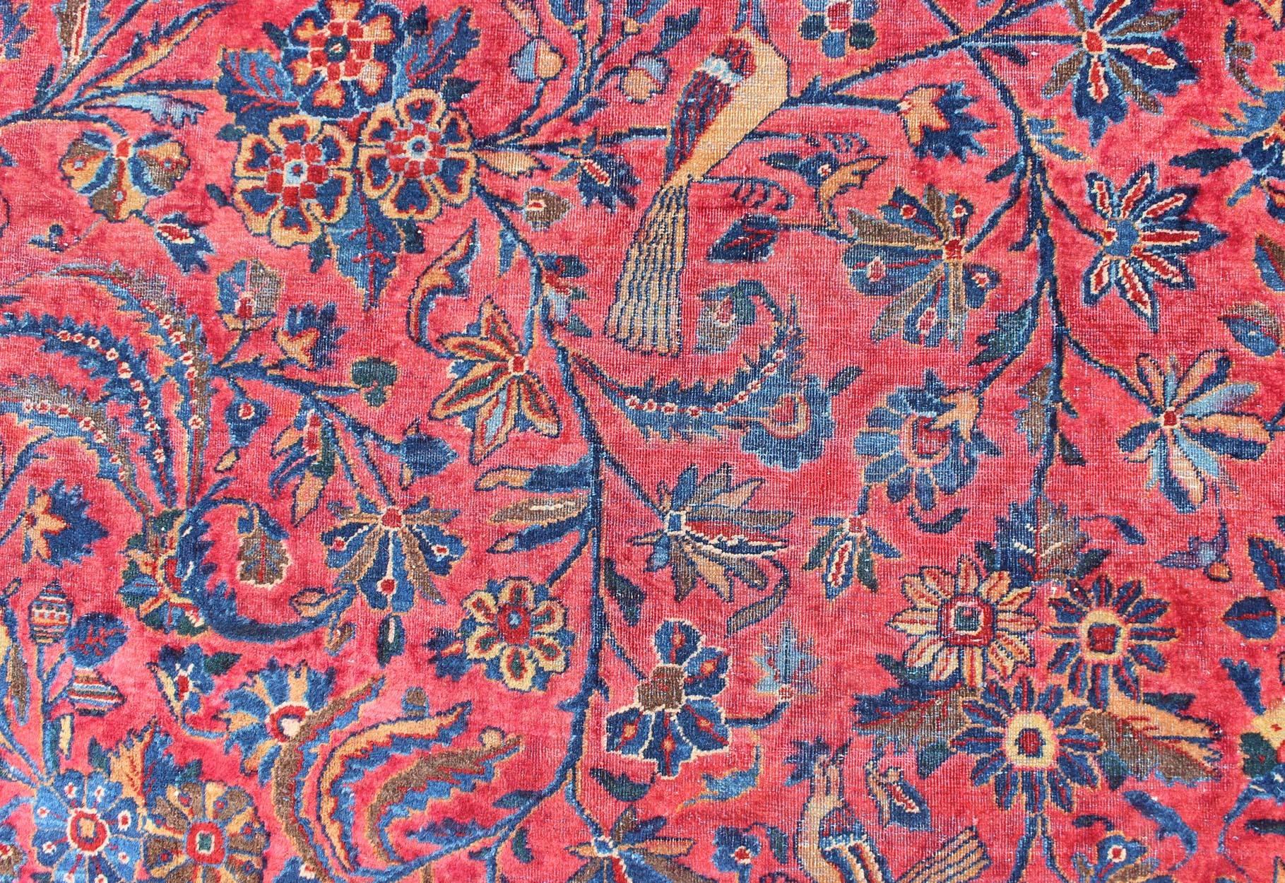Antiker persischer Kashan-Teppich mit All-Over-Design auf rotem Feld und blauer Bordüre im Angebot 1