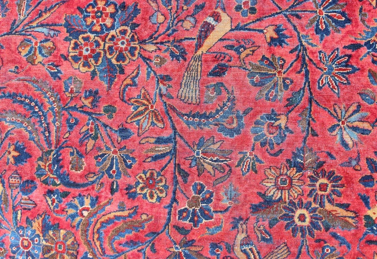 Antique Persian All-Over Kashan Rug with Leaf and Bird Pattern in Red