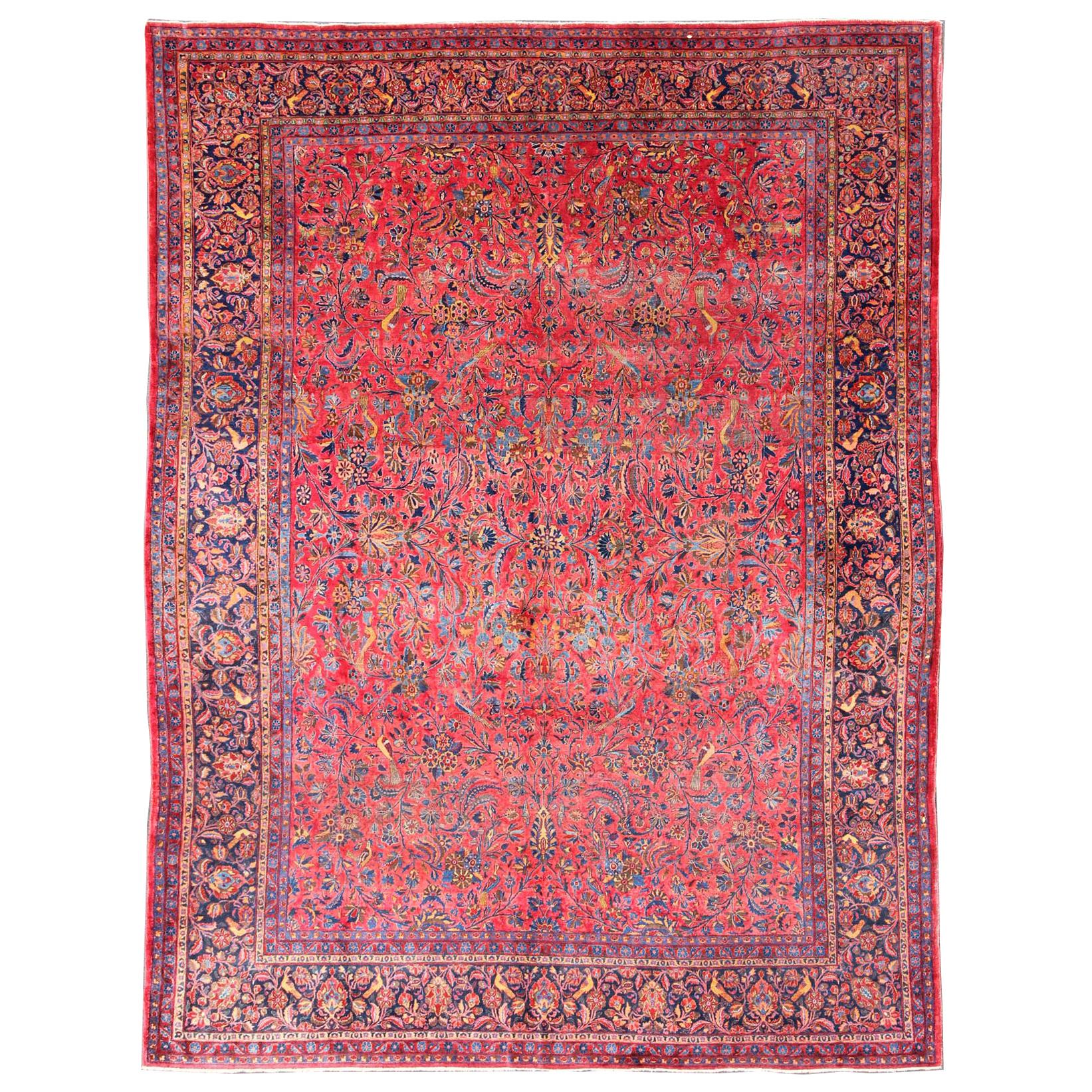 Antique Persian All-Over Kashan Rug with Leaf and Bird Pattern in Red & Blue