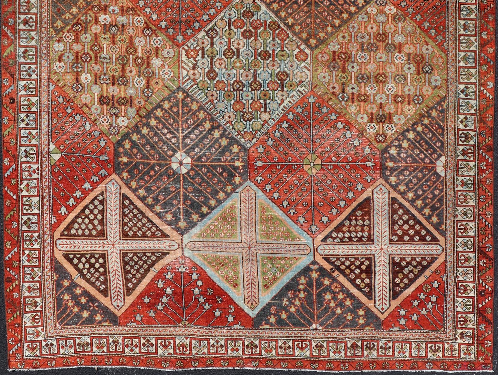 Antique Persian All-Over Large Diamond Design Bakhtiari Rug in Multi Colors 3