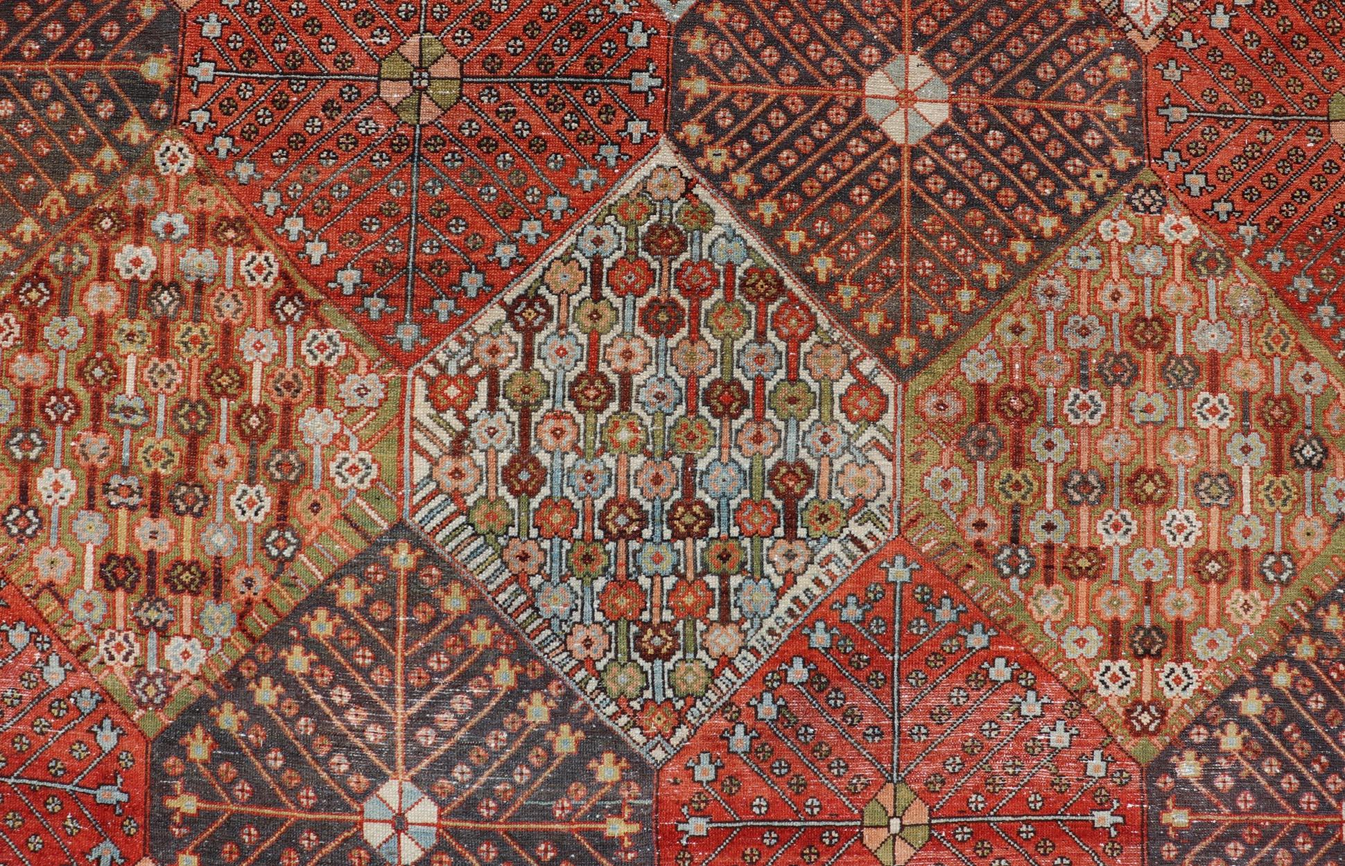 Antique Persian All-Over Large Diamond Design Bakhtiari Rug in Multi Colors. Keivan Woven Arts / rug EMB-22121-15070, country of origin / type: Iran / Bakhtiari, circa 1910
Measures: 7'1 x 9'5 
Persian Bakhtiari rugs are in fact tribal pieces that