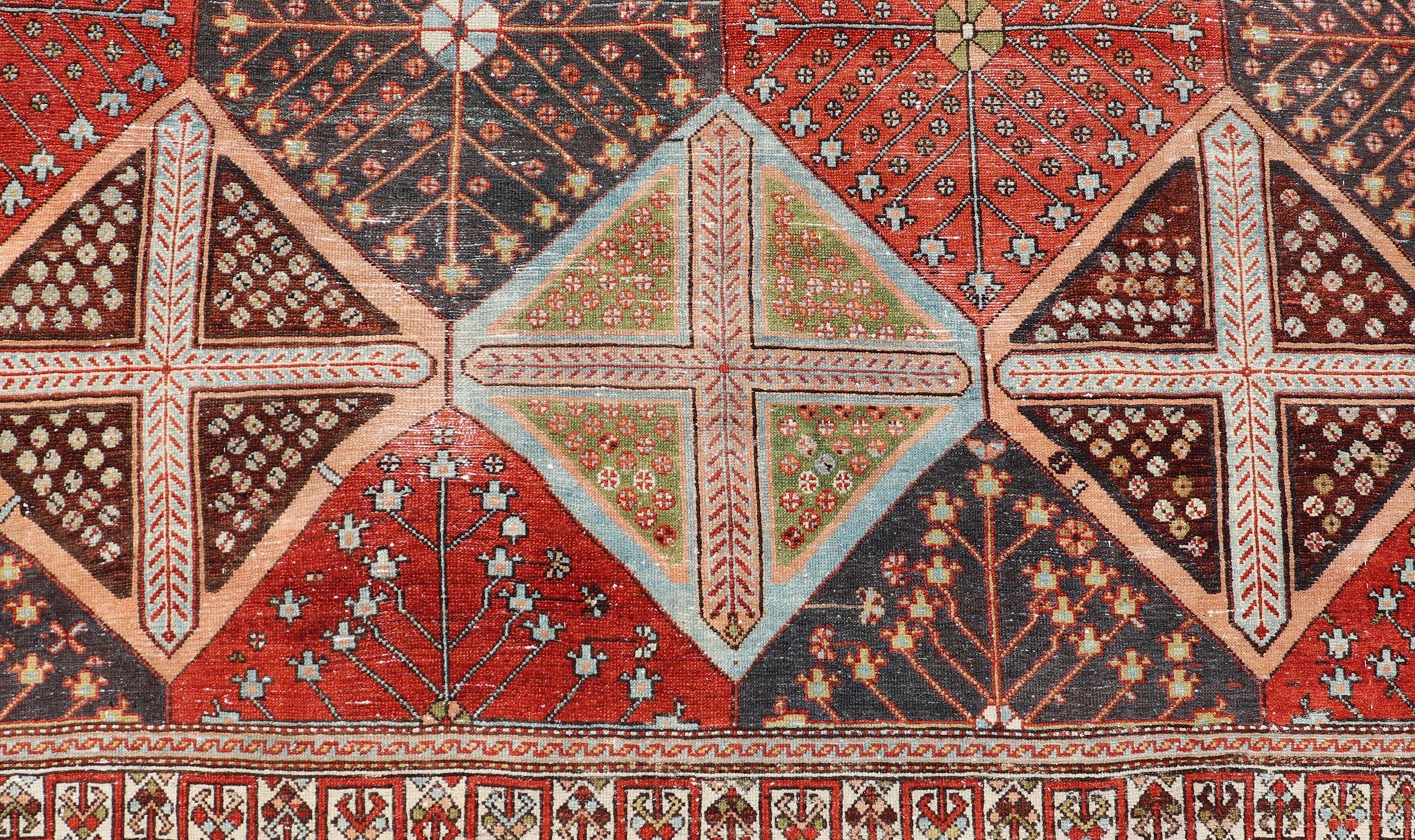 Wool Antique Persian All-Over Large Diamond Design Bakhtiari Rug in Multi Colors