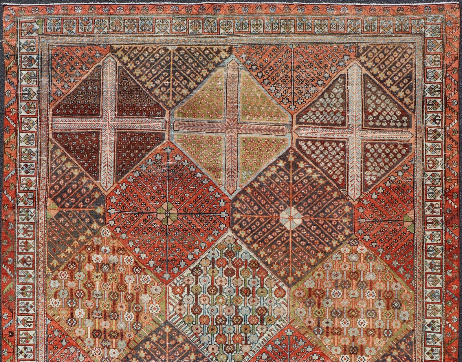 Antique Persian All-Over Large Diamond Design Bakhtiari Rug in Multi Colors 1