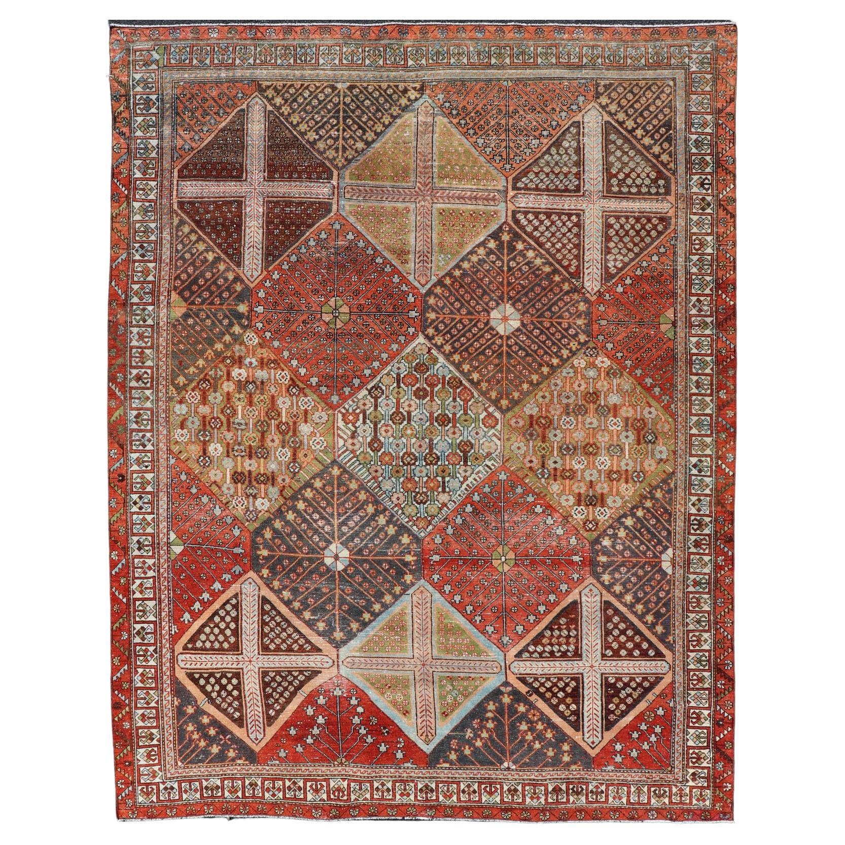 Antique Persian All-Over Large Diamond Design Bakhtiari Rug in Multi Colors