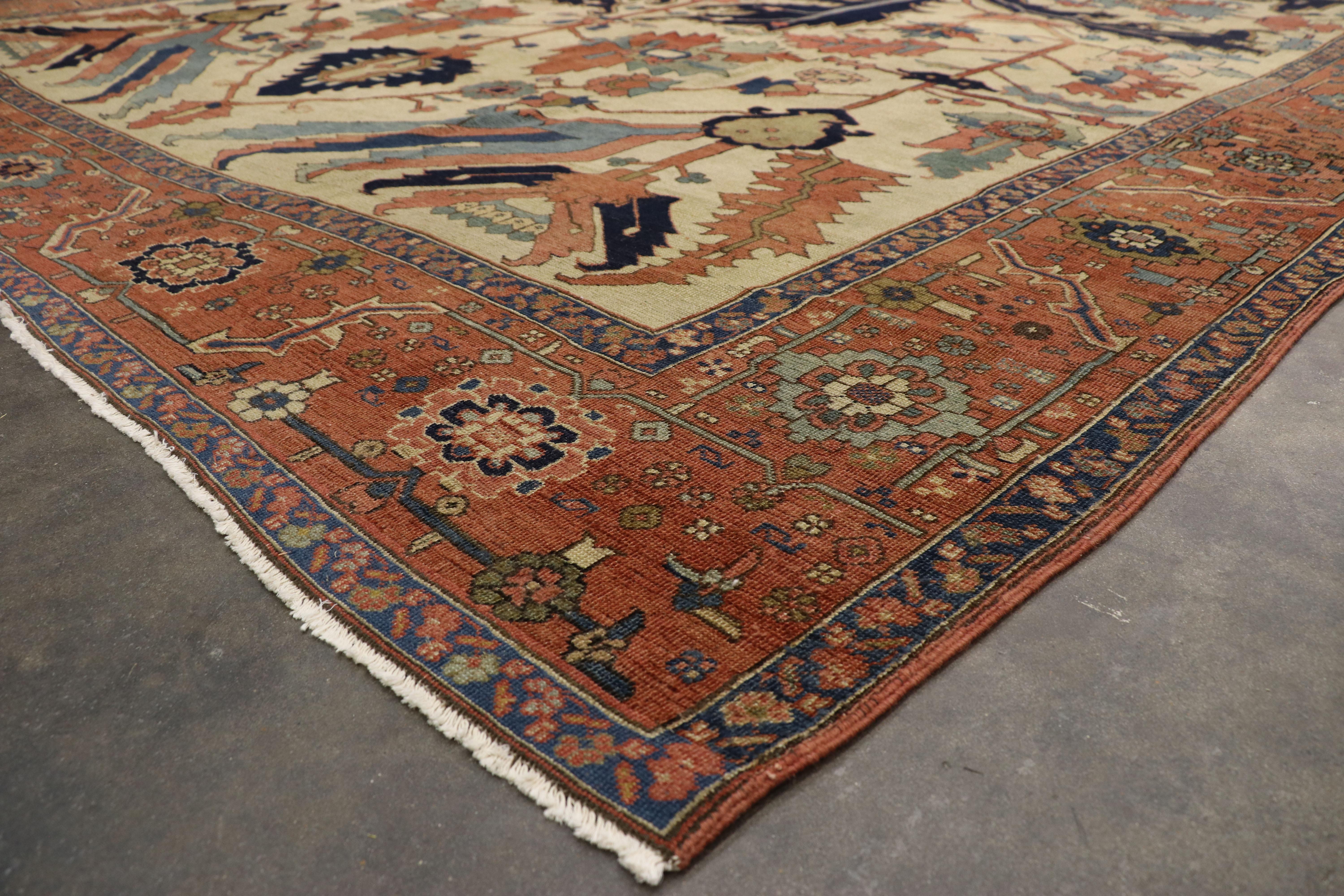 Wool 1880s Antique Persian Serapi Rug, Timeless Elegance Meets Relaxed Refinement For Sale