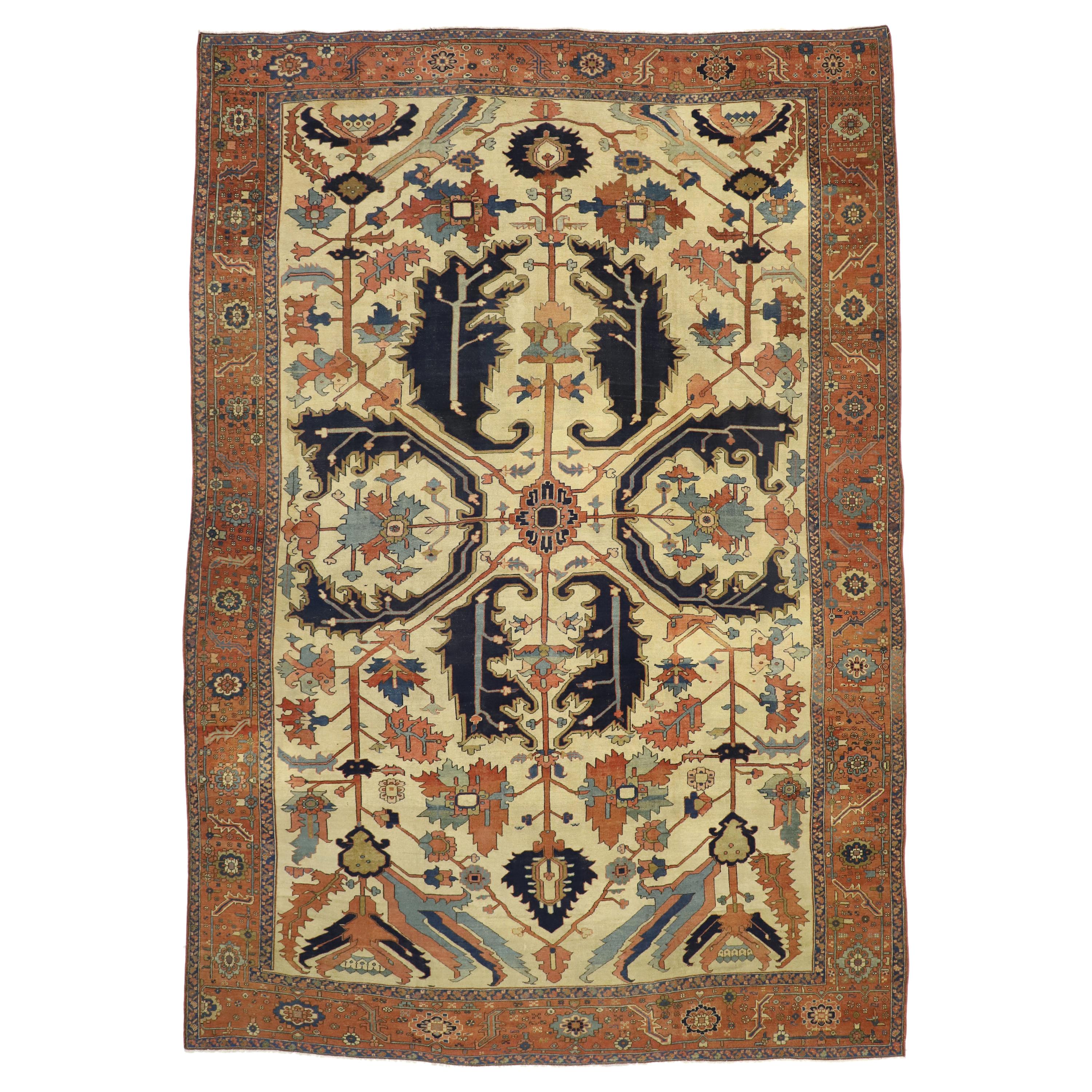 1880s Antique Persian Serapi Rug, Timeless Elegance Meets Relaxed Refinement For Sale