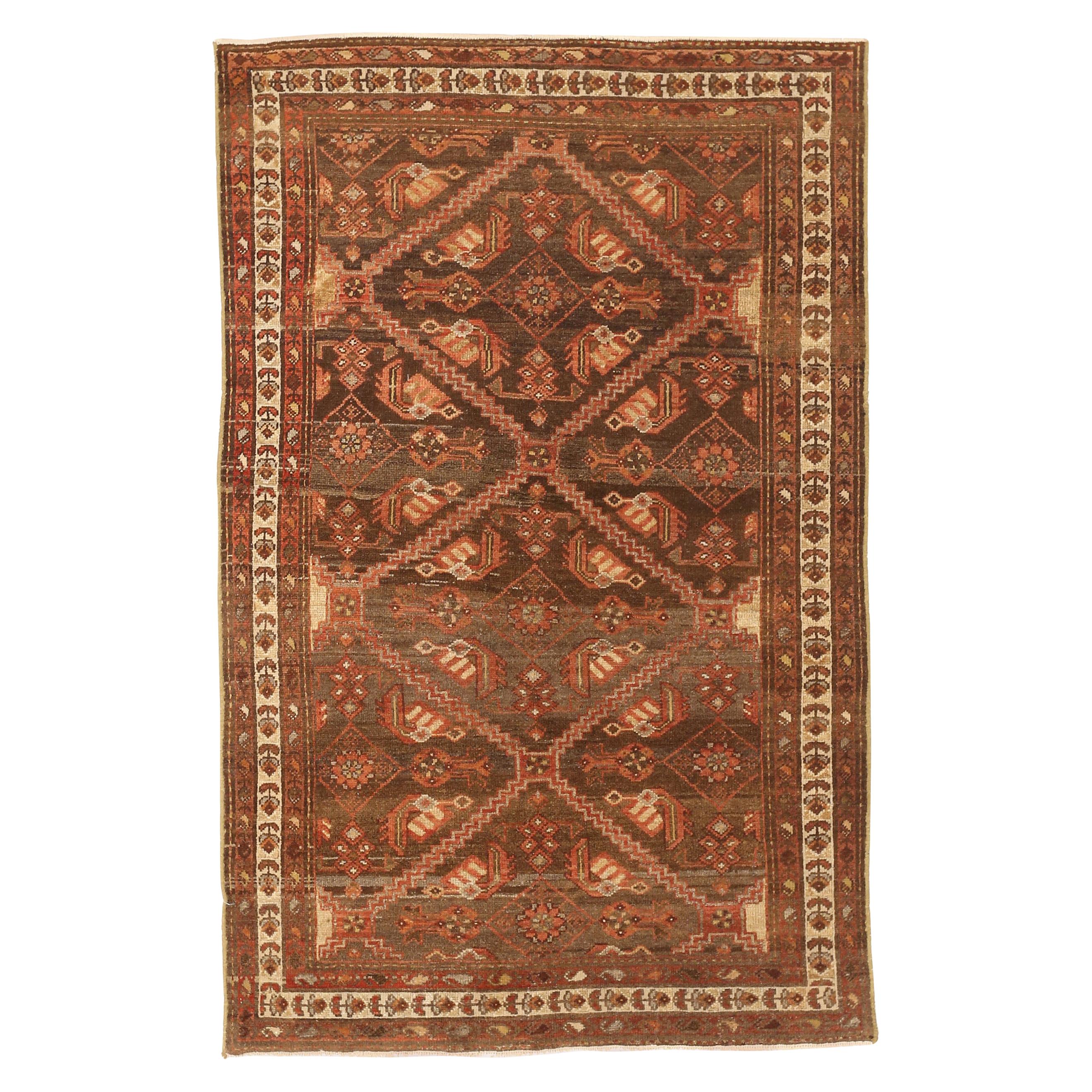 Antique Persian Amereh Rug with Red and Gray Tribal Details on Brown Field