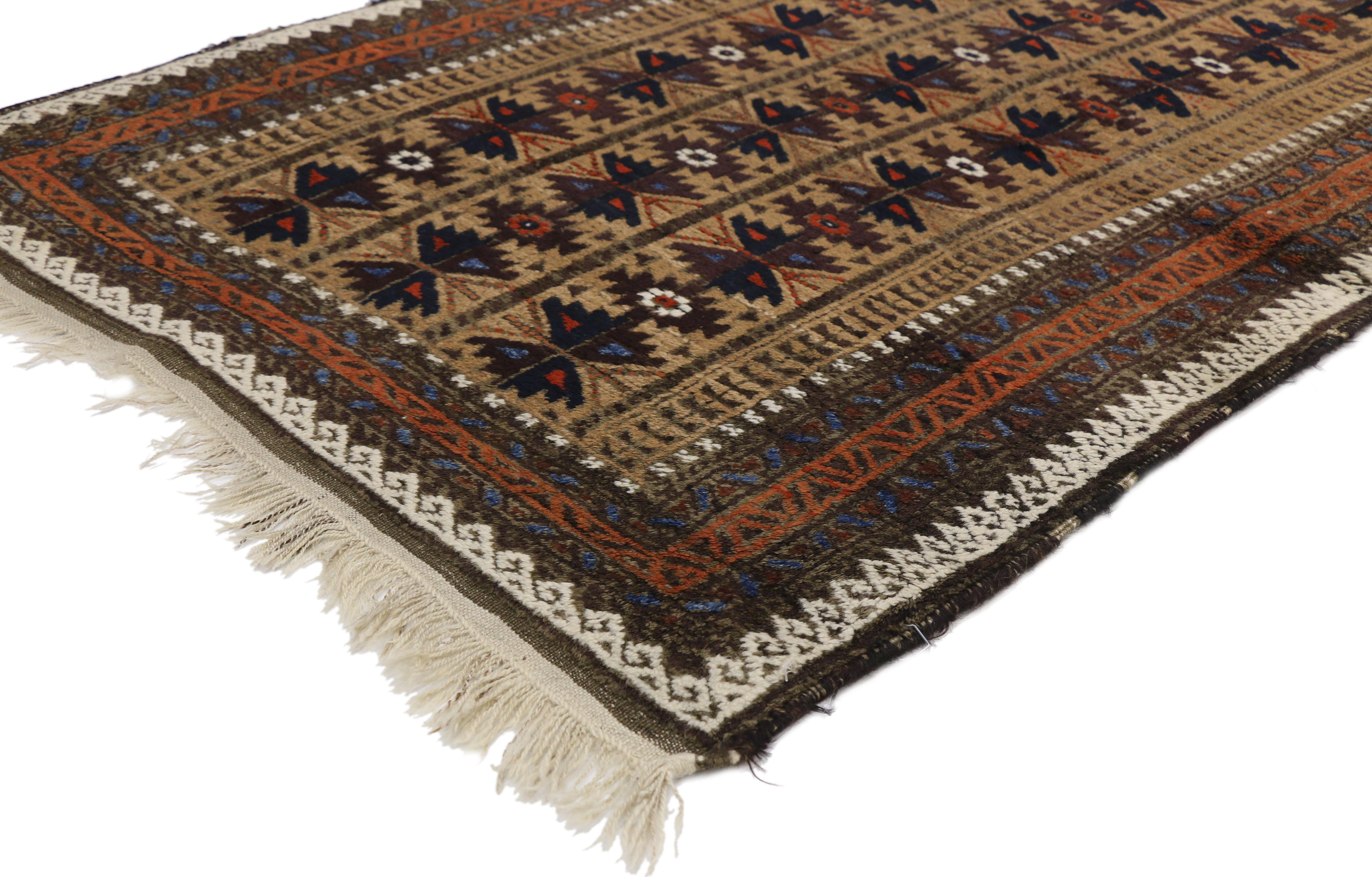 73279 Antique Persian Arab Baluch Tree of Life Rug, Tribal Style Entry or Foyer Rug This hand knotted wool antique Persian Arab Baluch Tree of Life rug features three vertical columns. The triple panel design is composed of four fan-shaped leaves