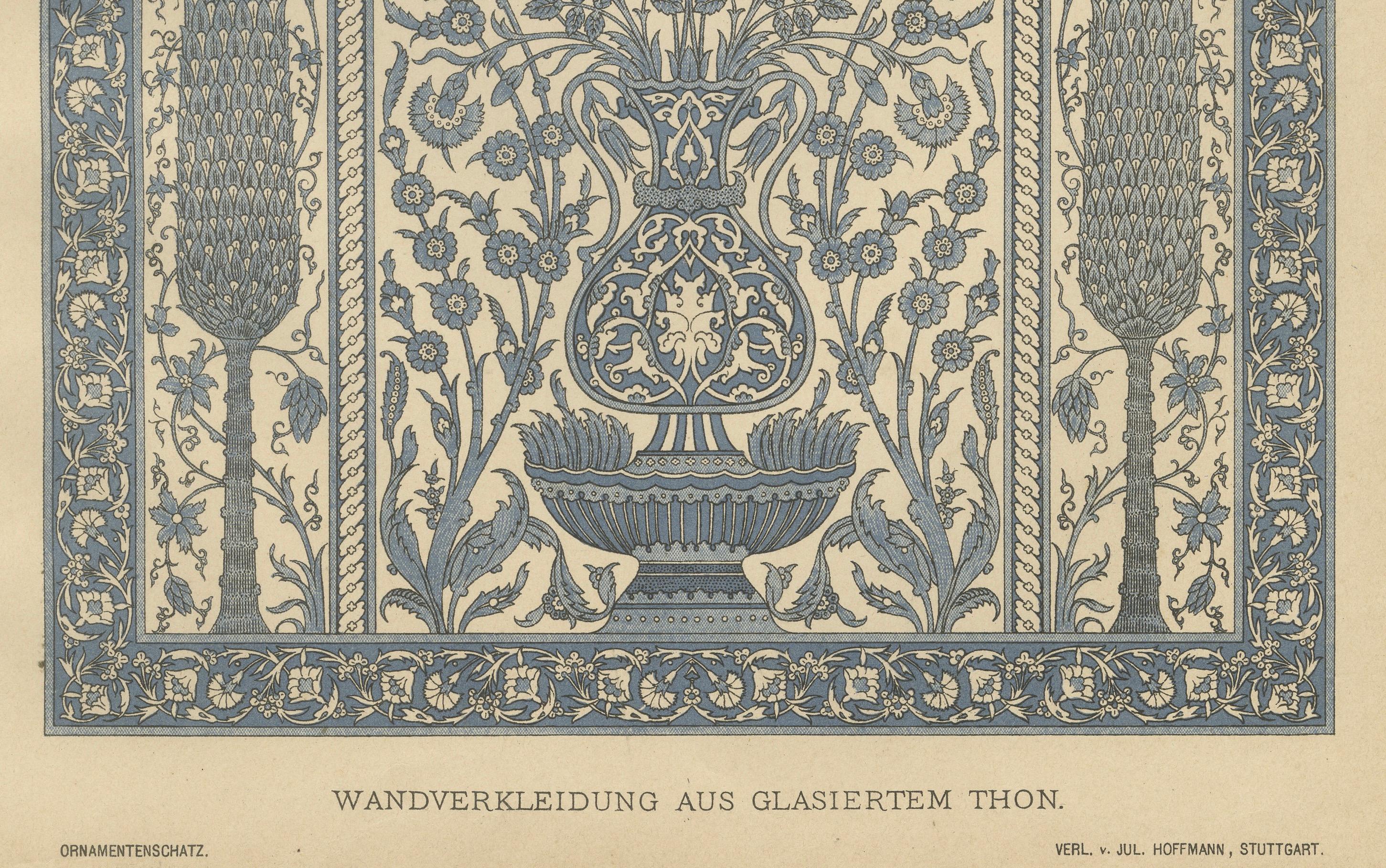 Ancien carreau persan-arabe à motifs bleus, motif mural en céramique émaillée, 1887

Cette remarquable gravure ancienne présente un exemple raffiné de décoration murale en céramique persane-arabe, conçue à l'origine en faïence émaillée. Publiée en