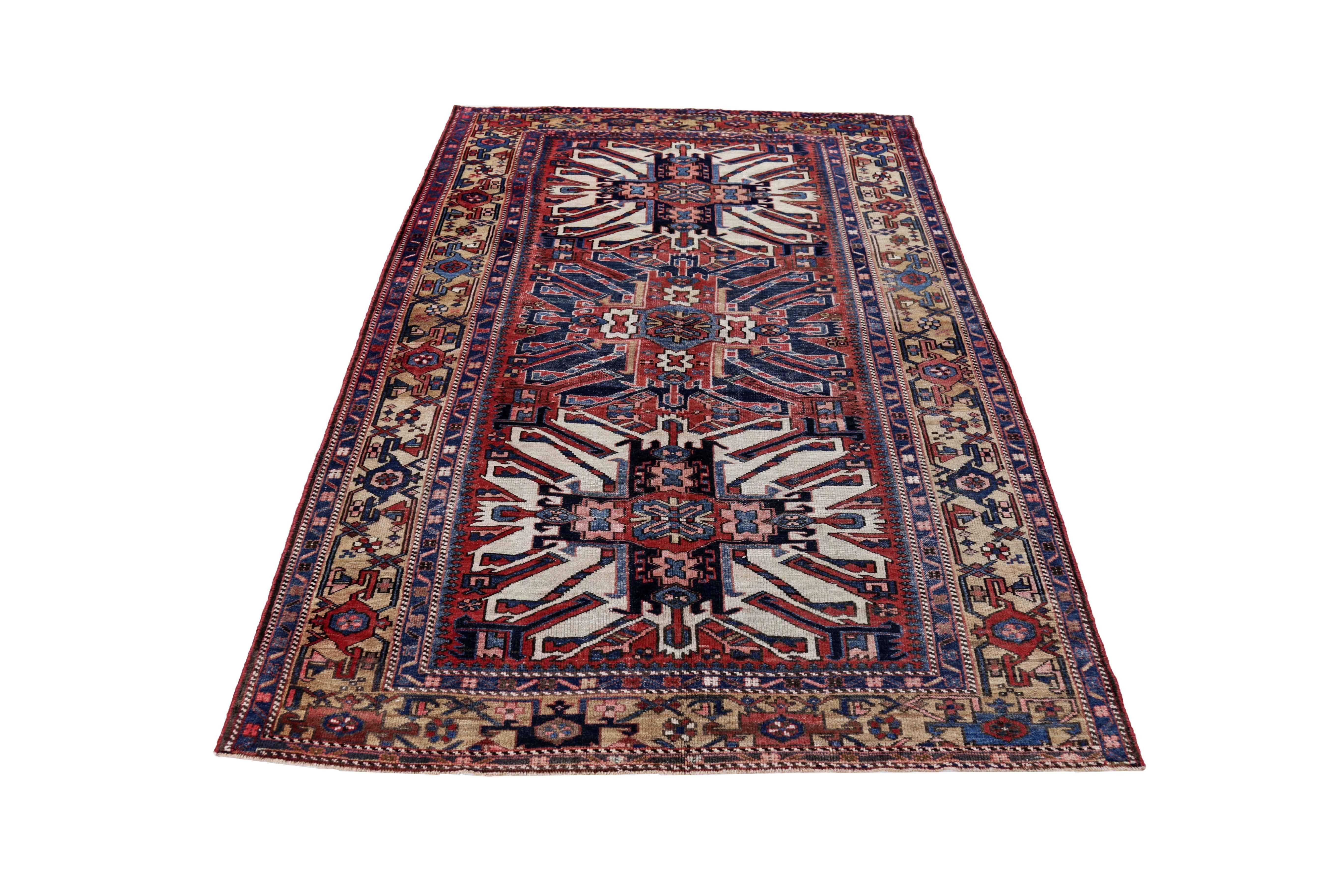 Antique Persian area rug handwoven from the finest sheep’s wool. It’s colored with all-natural vegetable dyes that are safe for humans and pets. It’s a traditional Azerbaijan design handwoven by expert artisans. It’s a lovely area rug that can be