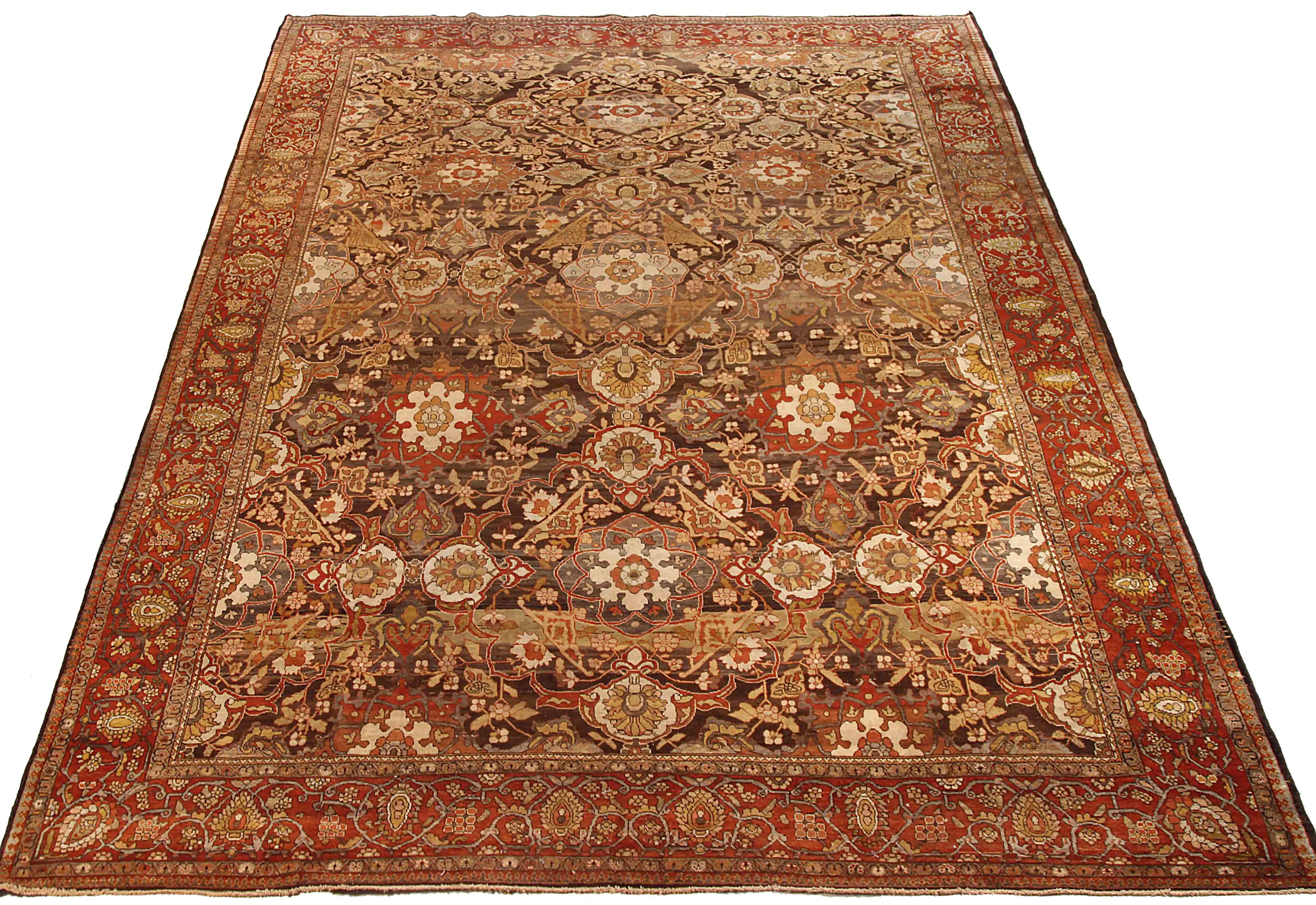 Antique Persian area rug handwoven from the finest sheep’s wool. It’s colored with all-natural vegetable dyes that are safe for humans and pets. It’s a traditional Bakhtiar design handwoven by expert artisans. It’s a lovely area rug that can be