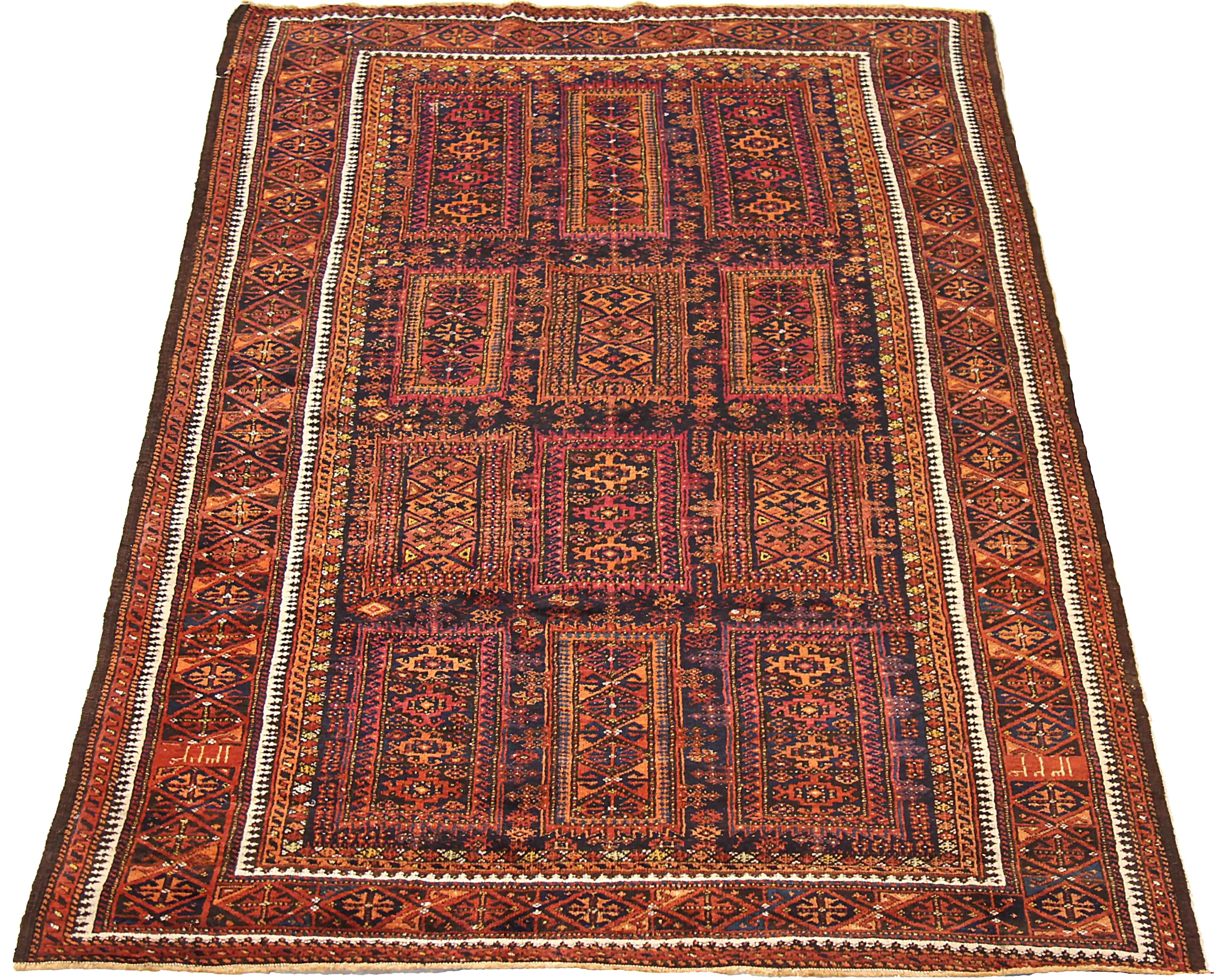 Antique Persian area rug handwoven from the finest sheep’s wool. It’s colored with all-natural vegetable dyes that are safe for humans and pets. It’s a traditional Balouch design handwoven by expert artisans. It’s a lovely area rug that can be