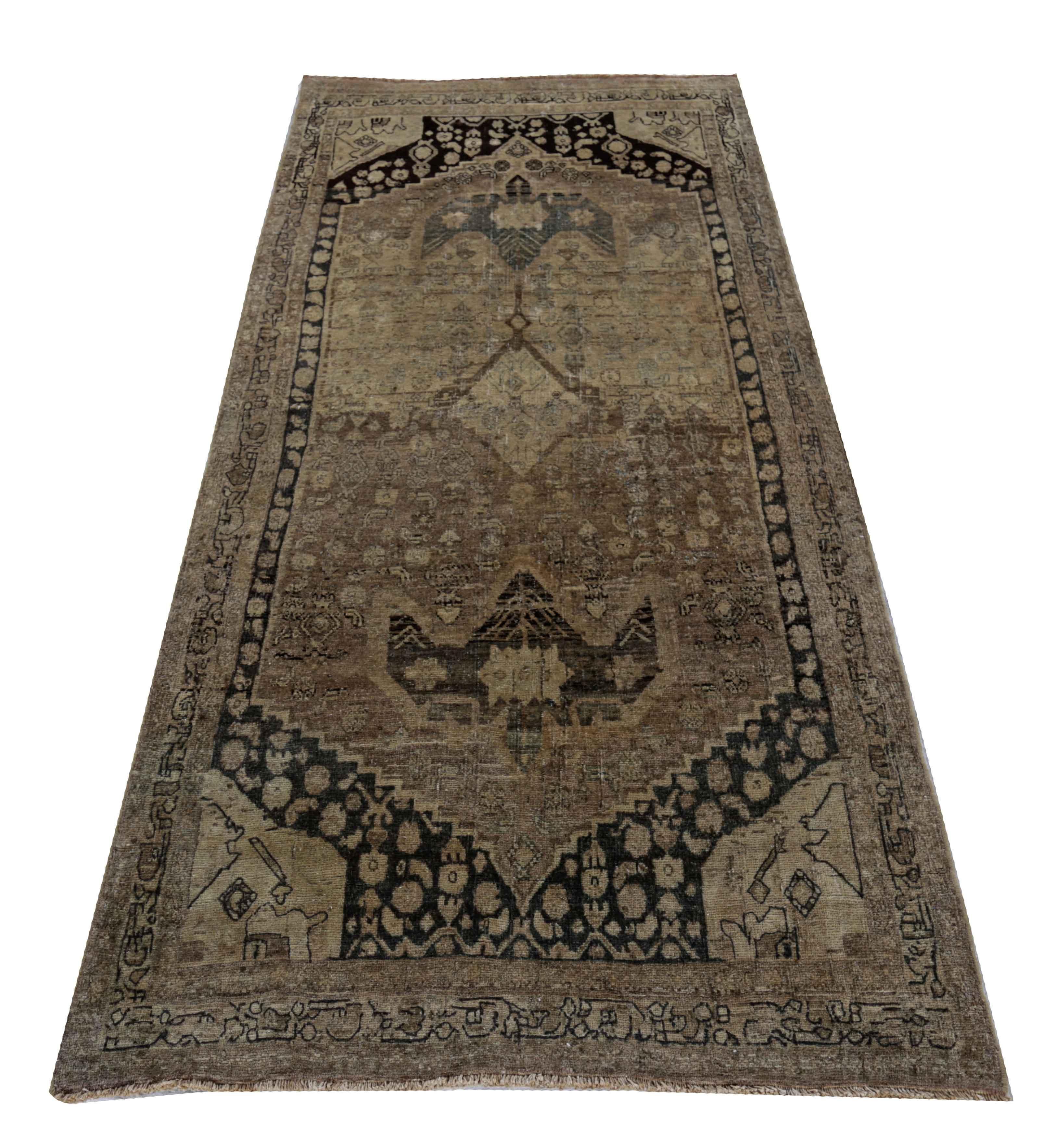 Antique Persian area rug handwoven from the finest sheep’s wool. It’s colored with all-natural vegetable dyes that are safe for humans and pets. It’s a traditional Bijar design handwoven by expert artisans. It’s a lovely area rug that can be