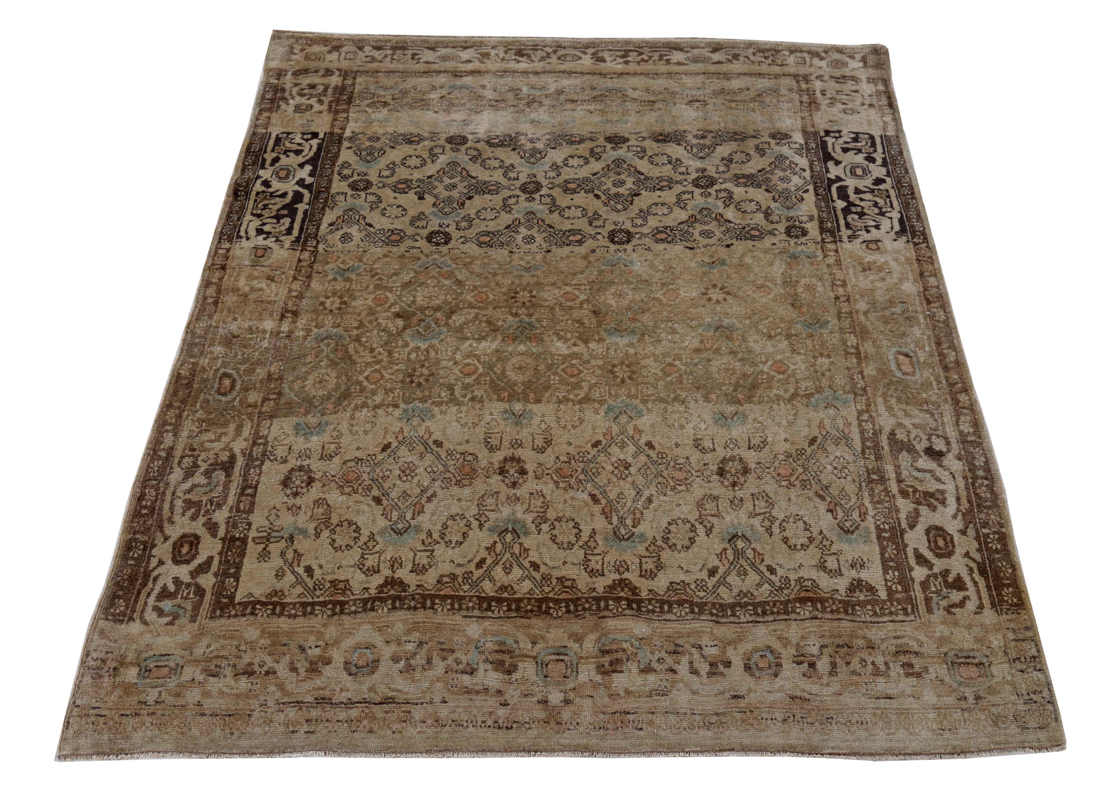 Antique Persian area rug handwoven from the finest sheep’s wool. It’s colored with all-natural vegetable dyes that are safe for humans and pets. It’s a traditional Bijar design handwoven by expert artisans. It’s a lovely area rug that can be