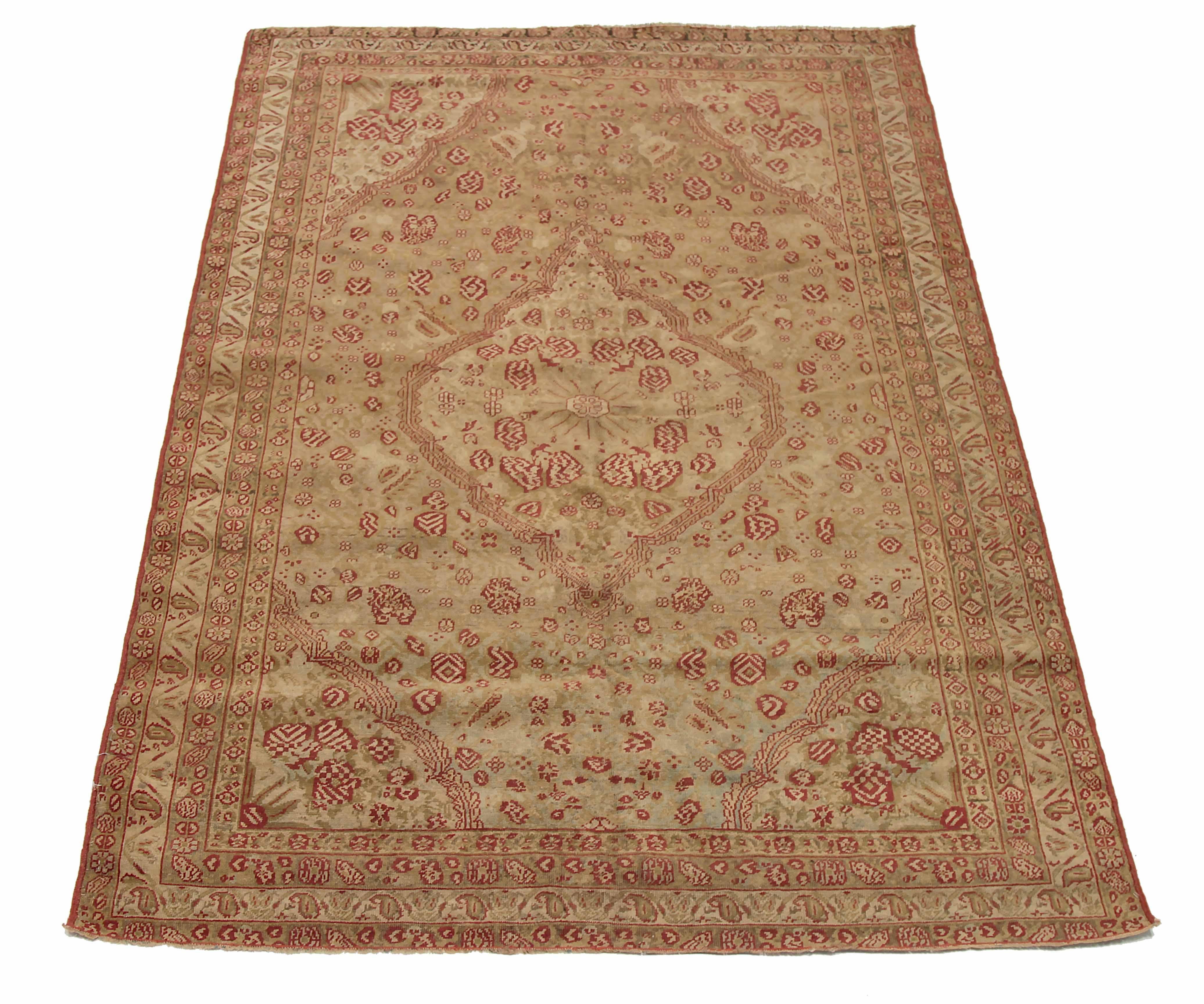 Antique Persian area rug handwoven from the finest sheep’s wool. It’s colored with all-natural vegetable dyes that are safe for humans and pets. It’s a traditional Ghatelo design handwoven by expert artisans. It’s a lovely area rug that can be