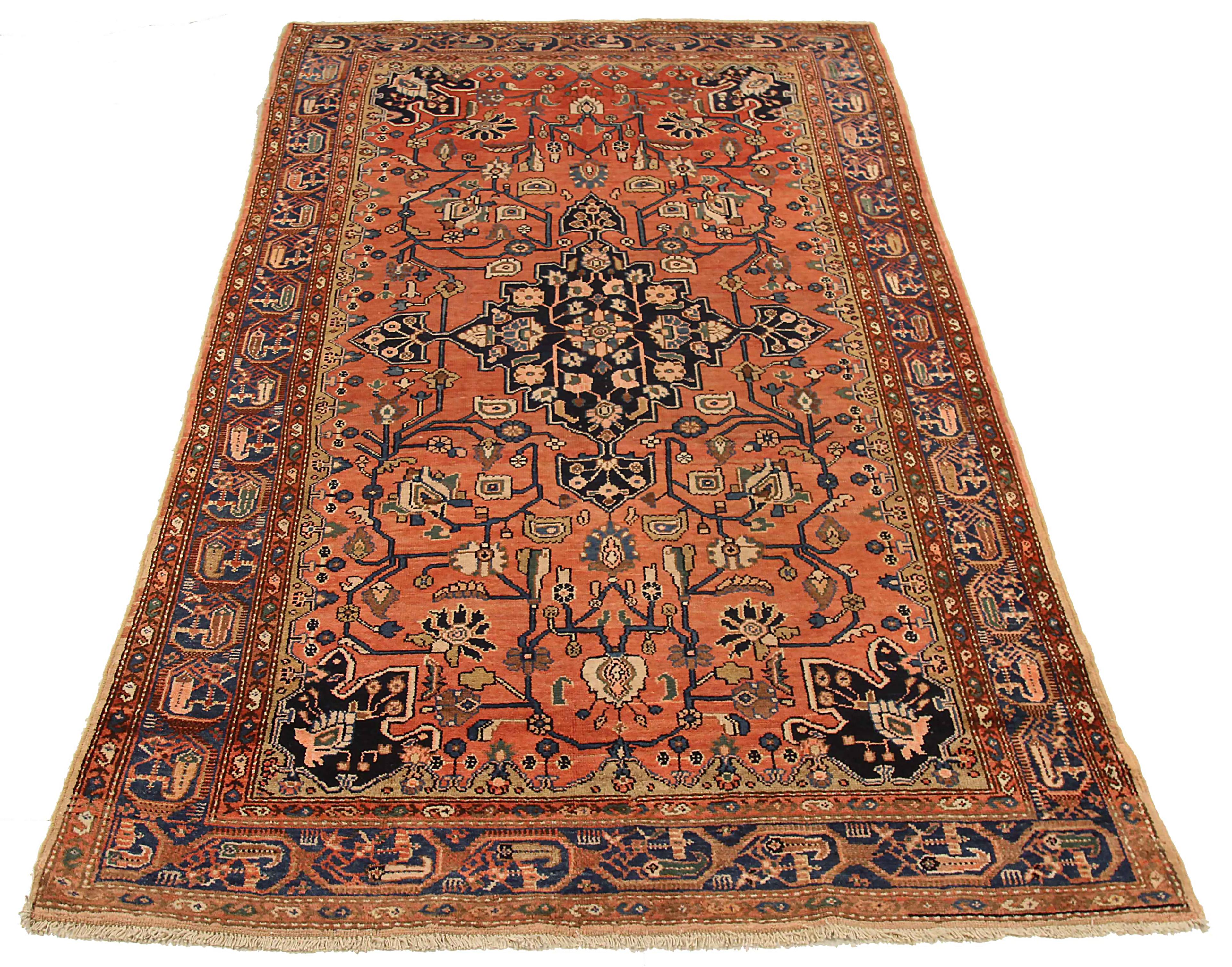 Antique Persian area rug handwoven from the finest sheep’s wool. It’s colored with all-natural vegetable dyes that are safe for humans and pets. It’s a traditional Hamedan design handwoven by expert artisans. It’s a lovely area rug that can be