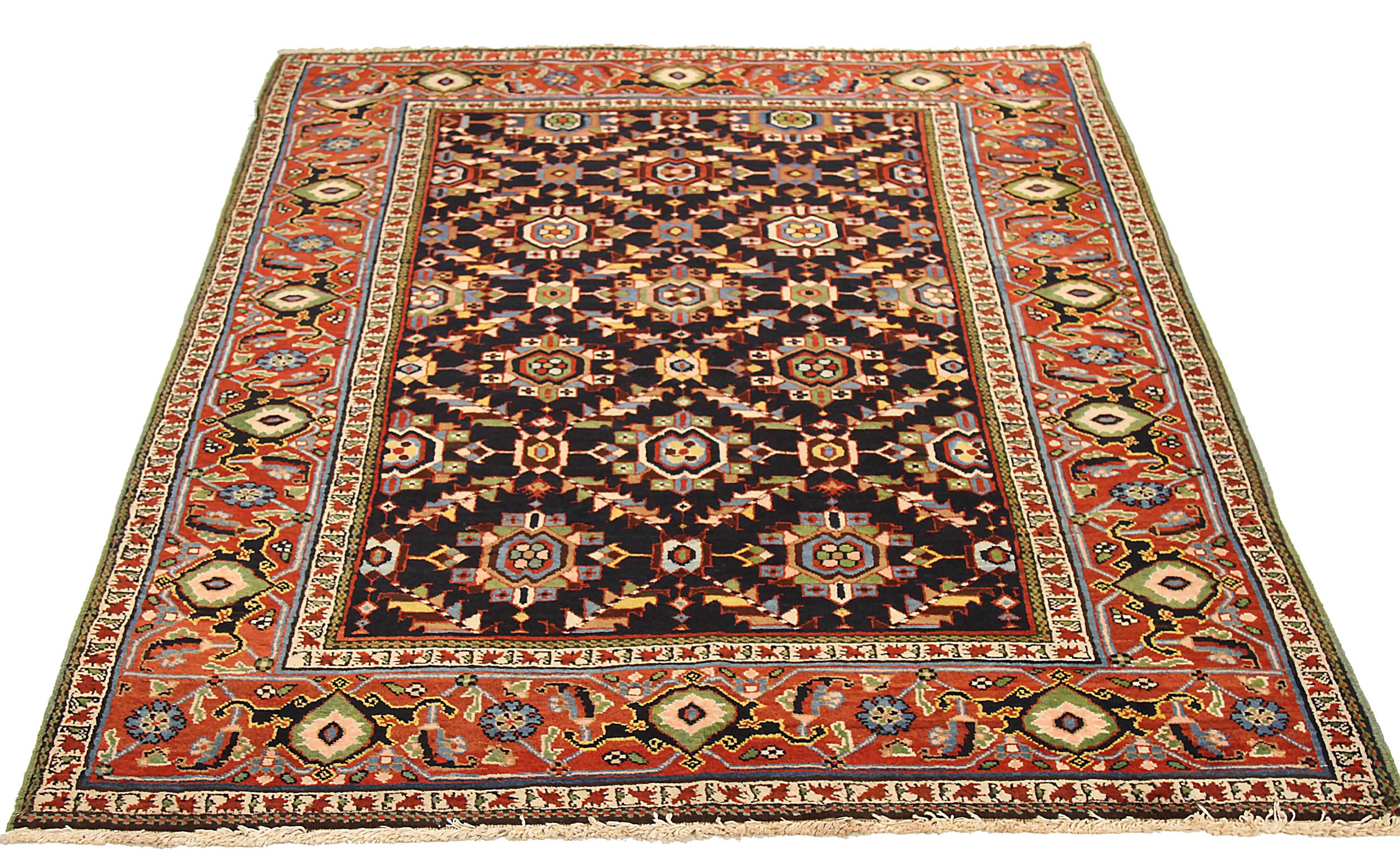 Antiker persischer Teppich, handgewebt aus feinster Schafswolle. Es ist mit natürlichen pflanzlichen Farbstoffen gefärbt, die für Menschen und Haustiere sicher sind. Es handelt sich um ein traditionelles Heriz-Design, das von erfahrenen