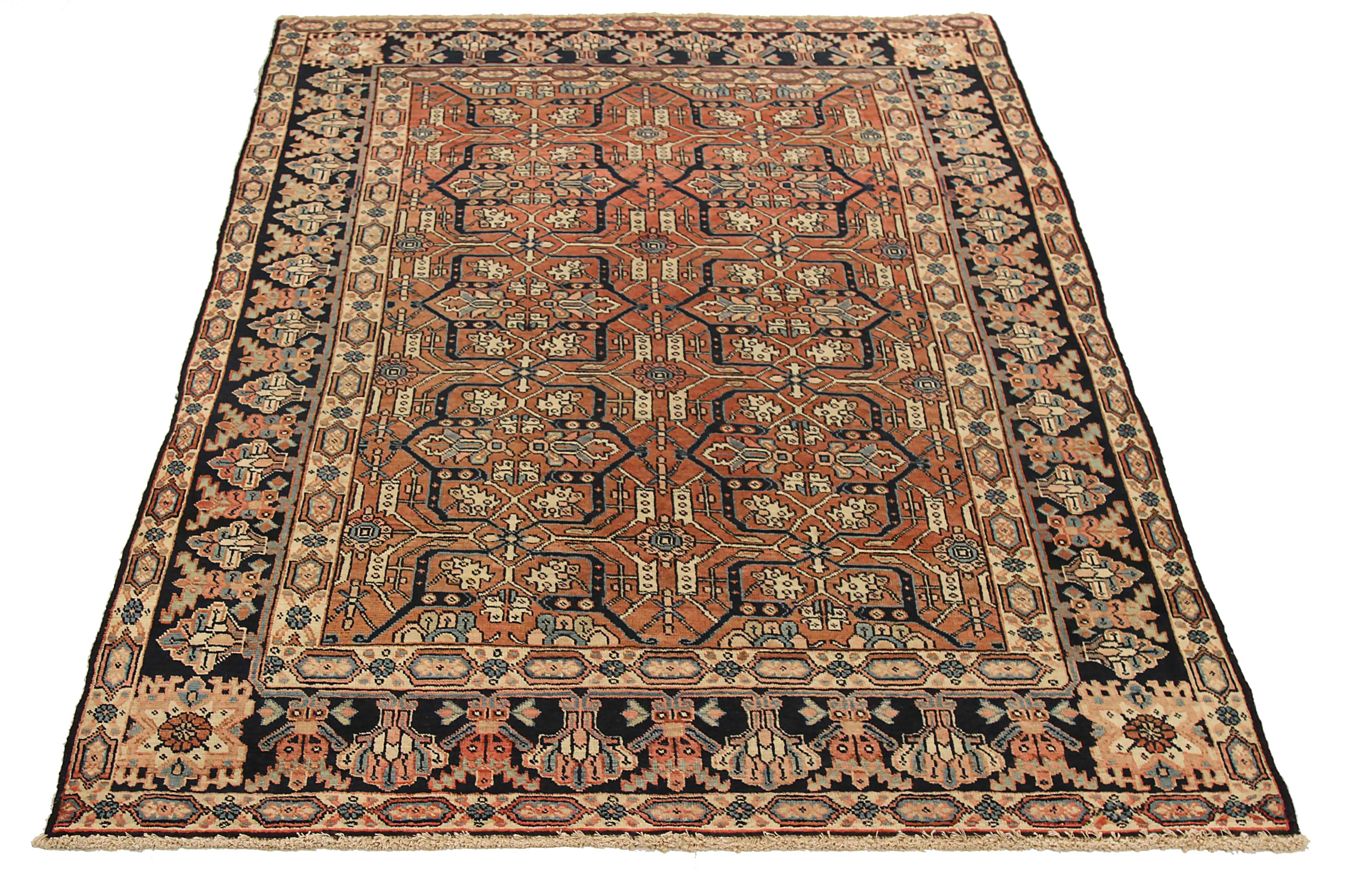 Antiker persischer Teppich, handgewebt aus feinster Schafswolle. Es ist mit natürlichen pflanzlichen Farbstoffen gefärbt, die für Menschen und Haustiere sicher sind. Es handelt sich um ein traditionelles Heriz-Muster, das von erfahrenen
