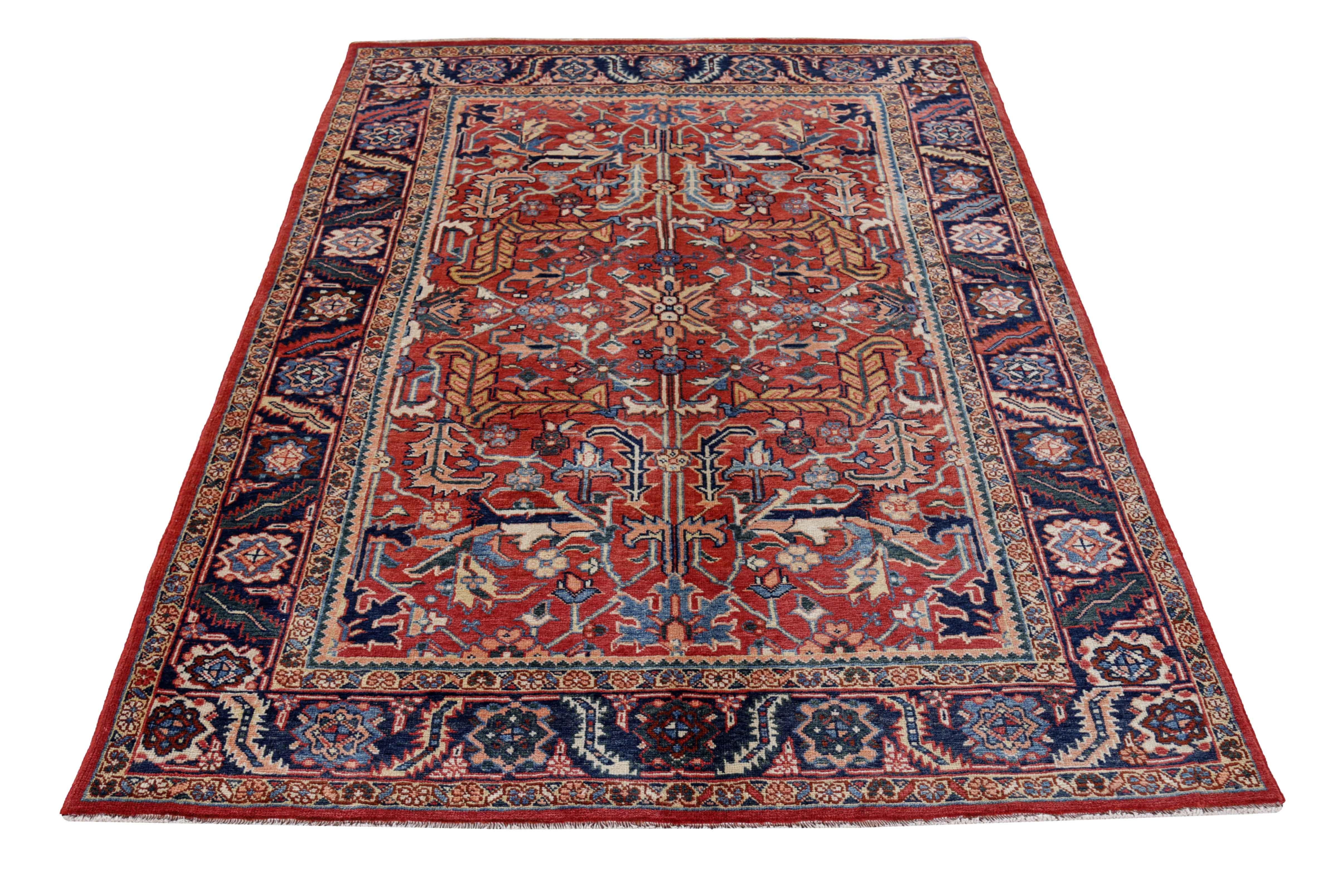 Antique Persian area rug handwoven from the finest sheep’s wool. It’s colored with all-natural vegetable dyes that are safe for humans and pets. It’s a traditional Heriz design handwoven by expert artisans. It’s a lovely area rug that can be