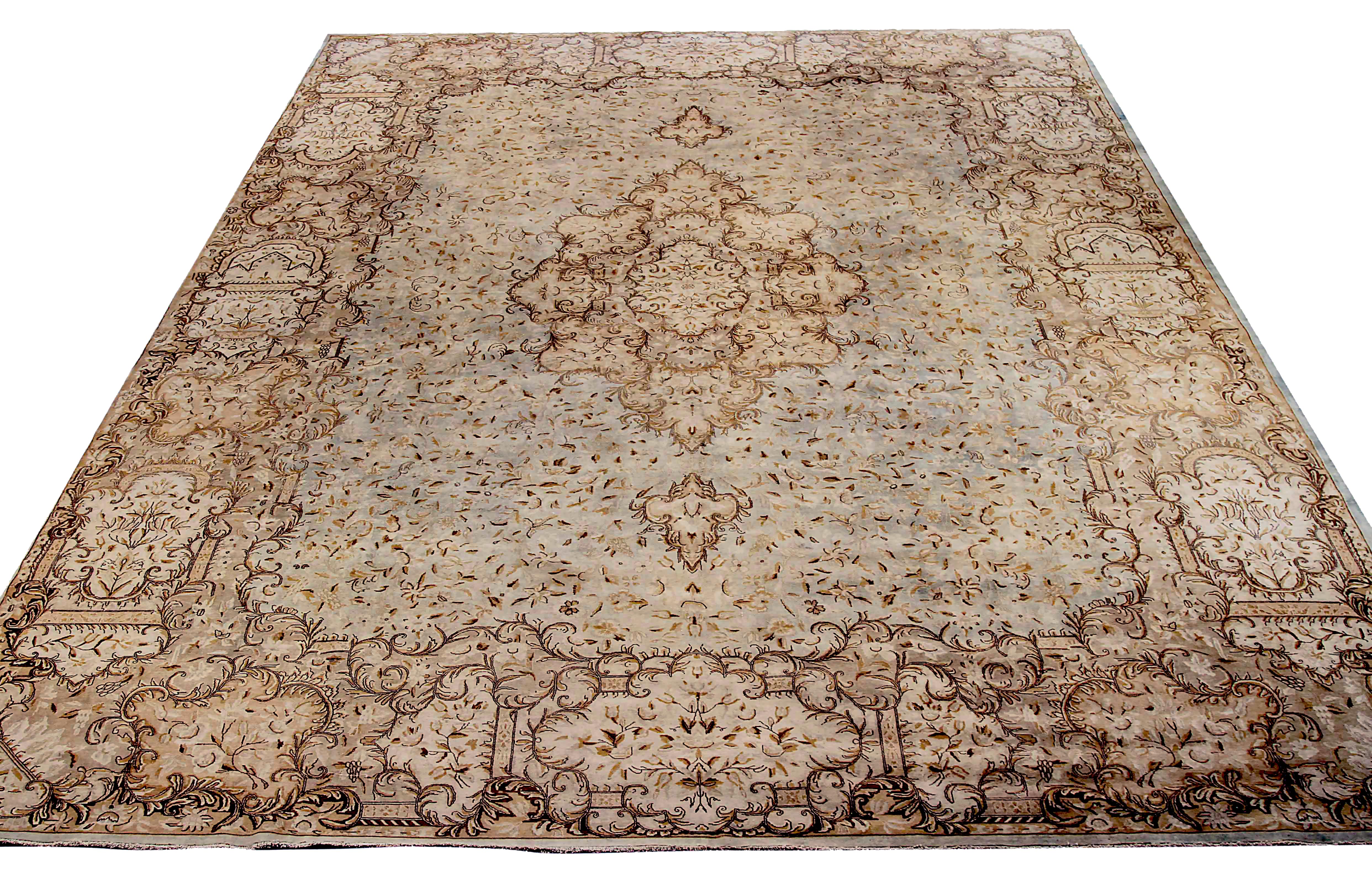 Antique Persian area rug handwoven from the finest sheep’s wool. It’s colored with all-natural vegetable dyes that are safe for humans and pets. It’s a traditional Kerman design handwoven by expert artisans. It’s a lovely area rug that can be