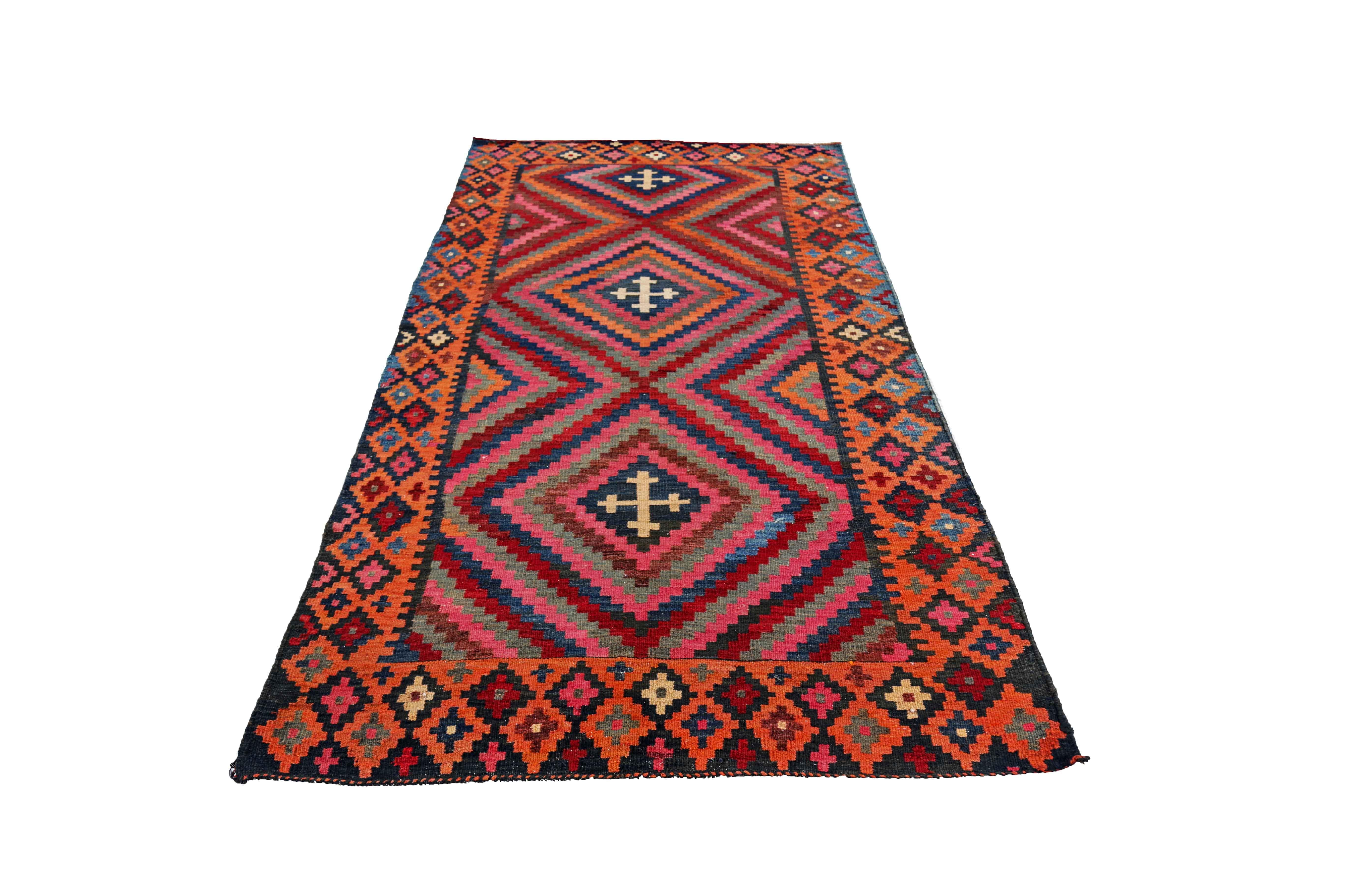 Antique Persian area rug handwoven from the finest sheep’s wool. It’s colored with all-natural vegetable dyes that are safe for humans and pets. It’s a traditional Kilim design handwoven by expert artisans. It’s a lovely area rug that can be
