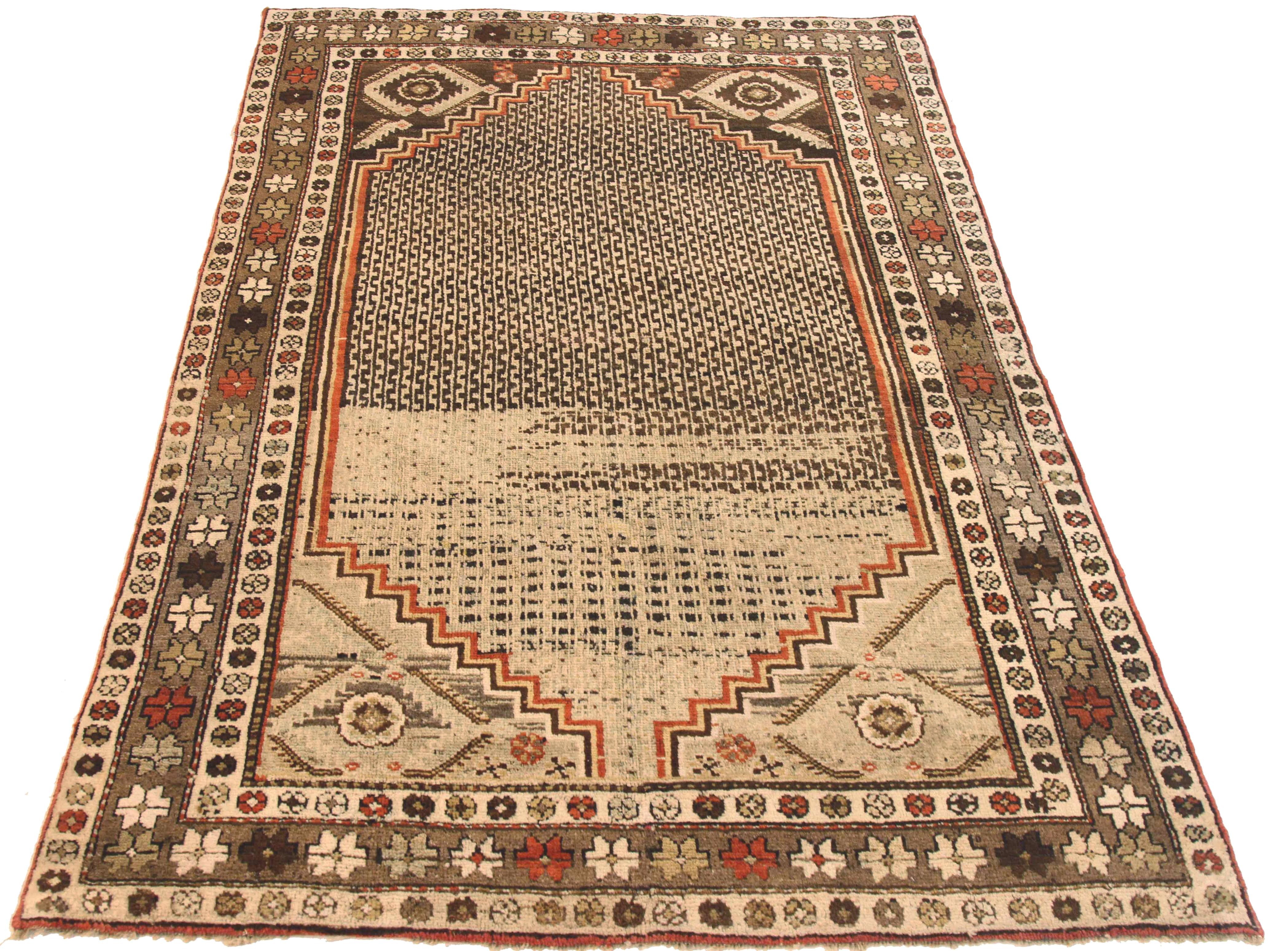 Antique Persian area rug handwoven from the finest sheep’s wool. It’s colored with all-natural vegetable dyes that are safe for humans and pets. It’s a traditional Koliai design handwoven by expert artisans. It’s a lovely area rug that can be