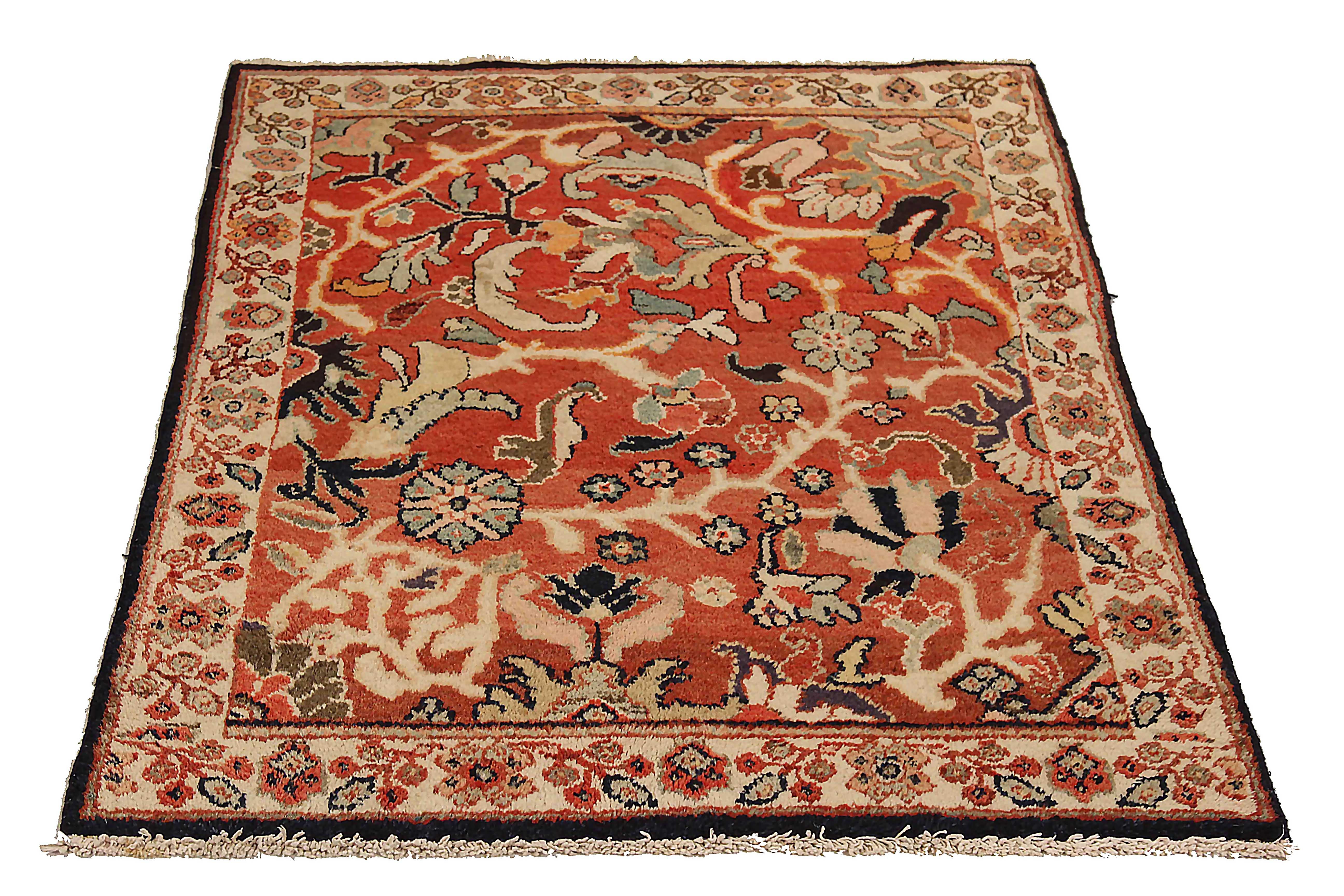 Antique Persian area rug handwoven from the finest sheep’s wool. It’s colored with all-natural vegetable dyes that are safe for humans and pets. It’s a traditional Mahal design handwoven by expert artisans. It’s a lovely area rug that can be