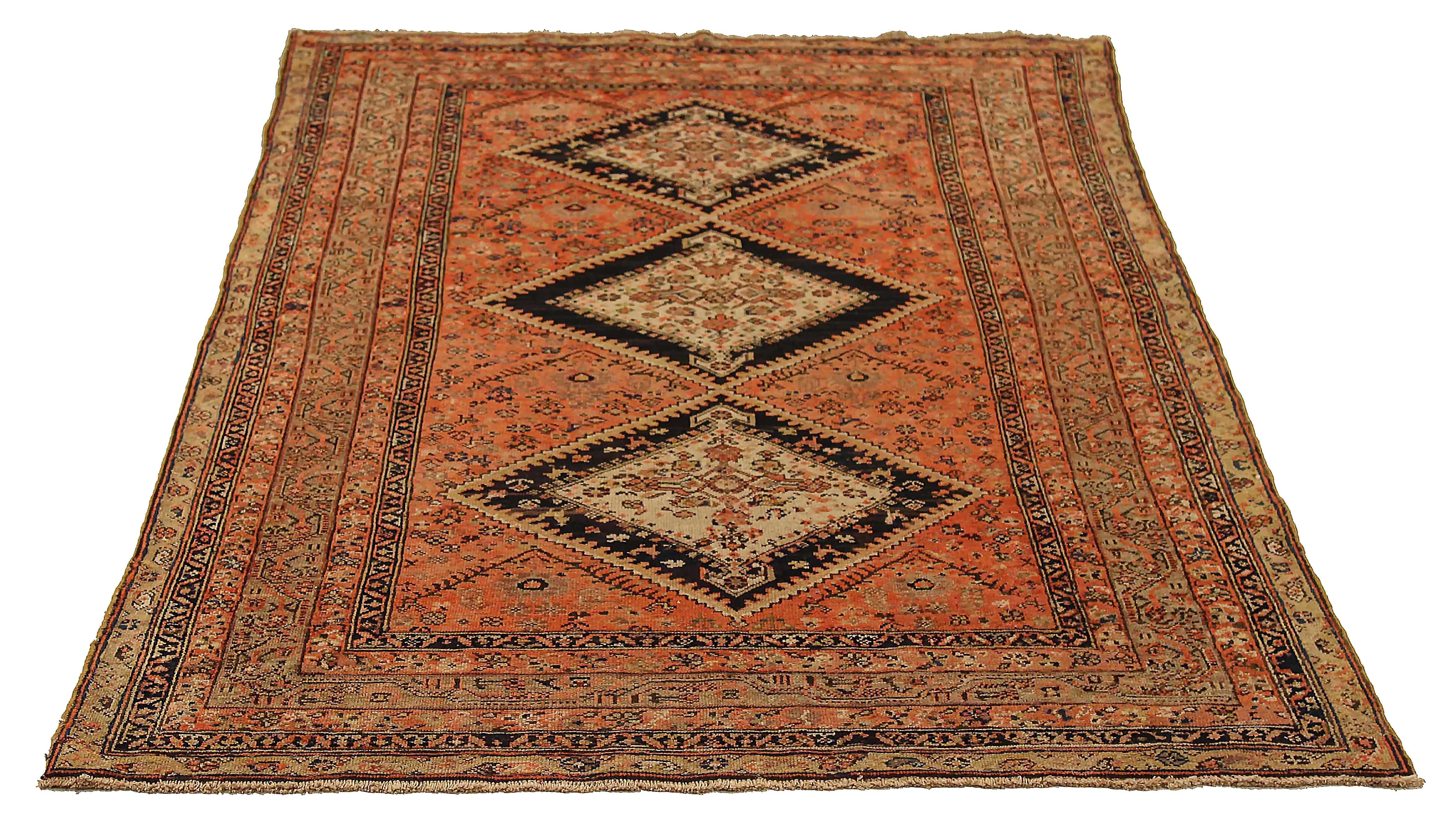 Antique Persian area rug handwoven from the finest sheep’s wool. It’s colored with all-natural vegetable dyes that are safe for humans and pets. It’s a traditional Malayer design handwoven by expert artisans. It’s a lovely area rug that can be