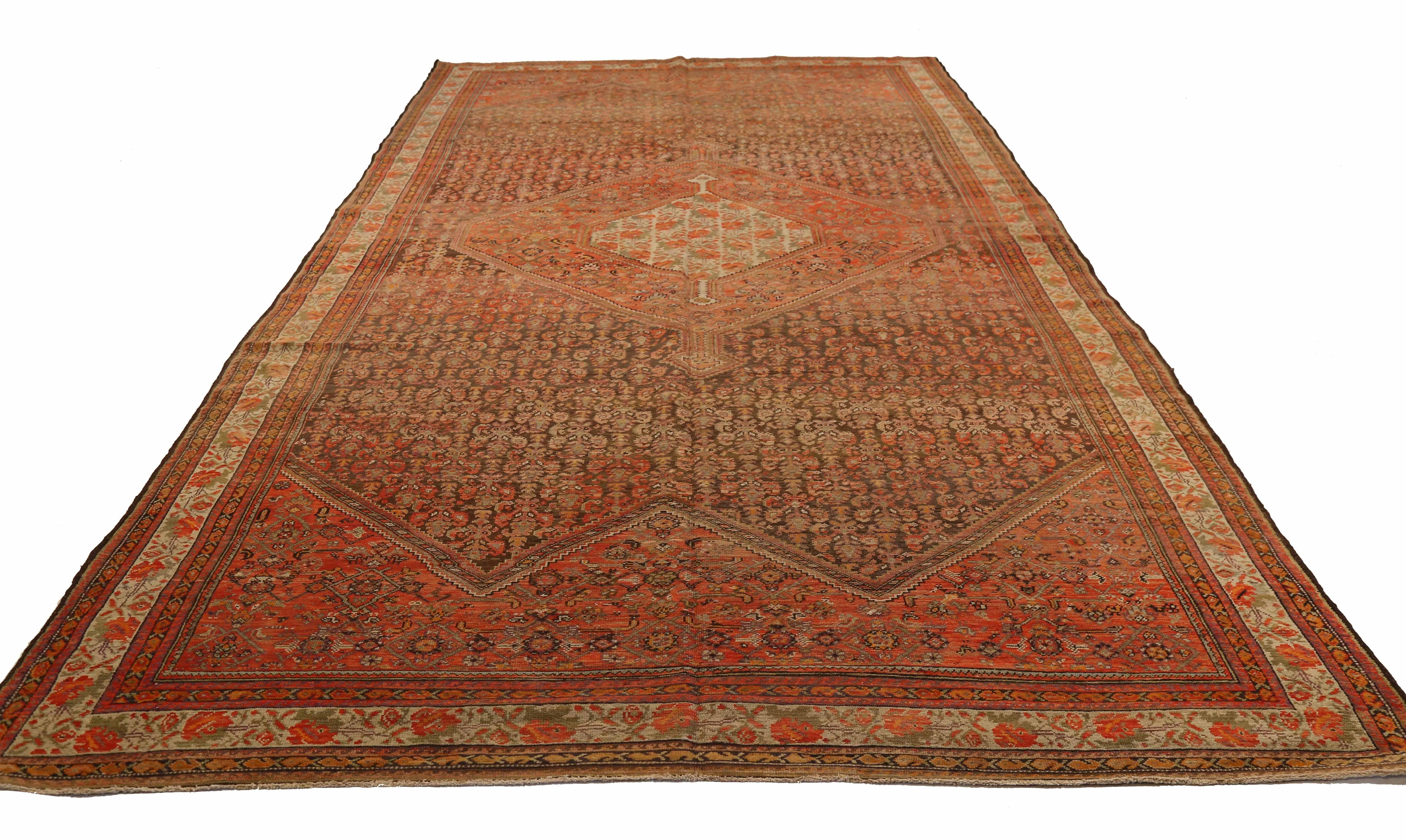 Antique Persian area rug handwoven from the finest sheep’s wool. It’s colored with all-natural vegetable dyes that are safe for humans and pets. It’s a traditional Malayer design handwoven by expert artisans. It’s a lovely area rug that can be