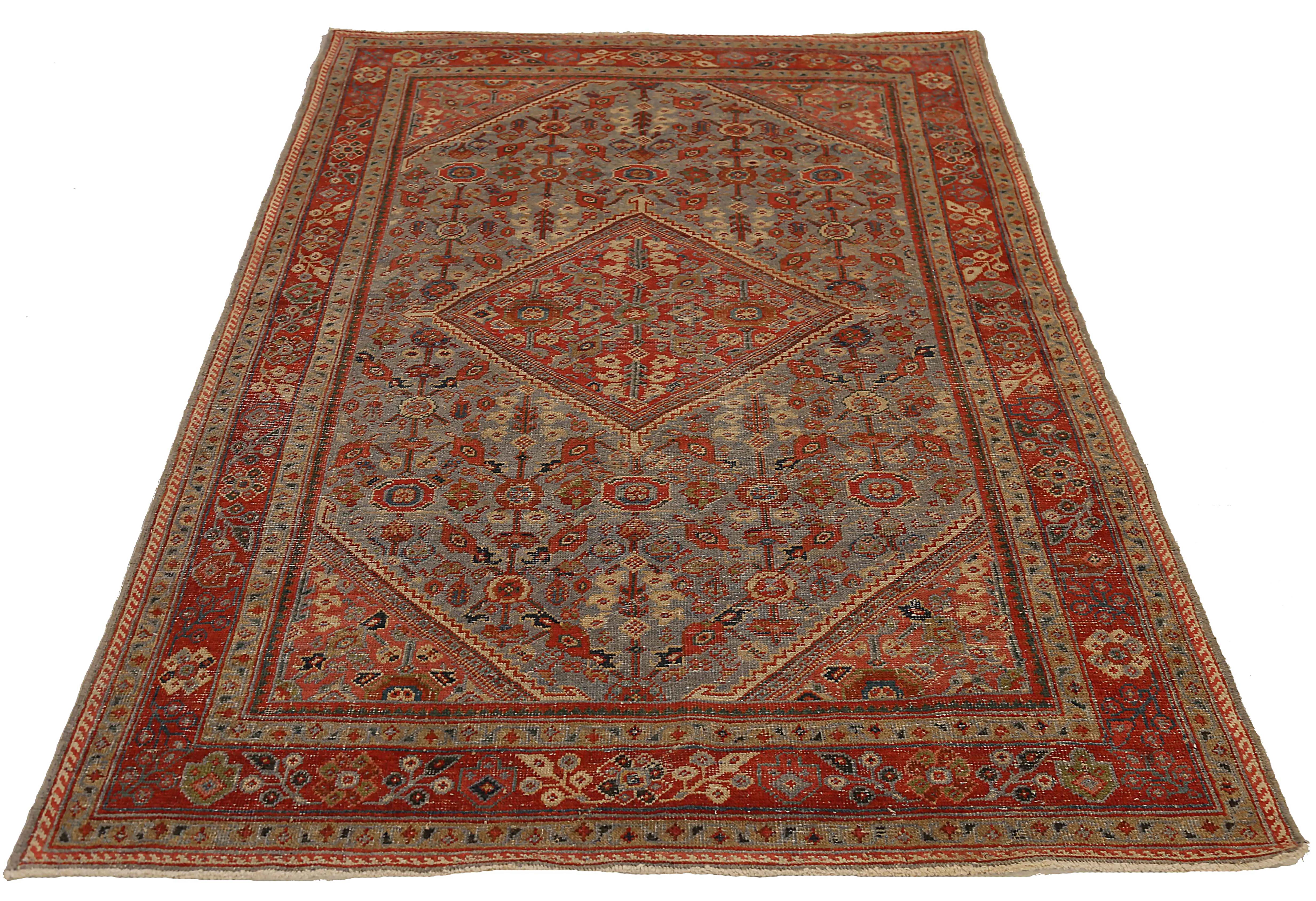 Ancien tapis persan tissé à la main à partir de la meilleure laine de mouton. Il est coloré avec des colorants végétaux entièrement naturels, sans danger pour les humains et les animaux de compagnie. Il s'agit d'un modèle traditionnel Meshkabad