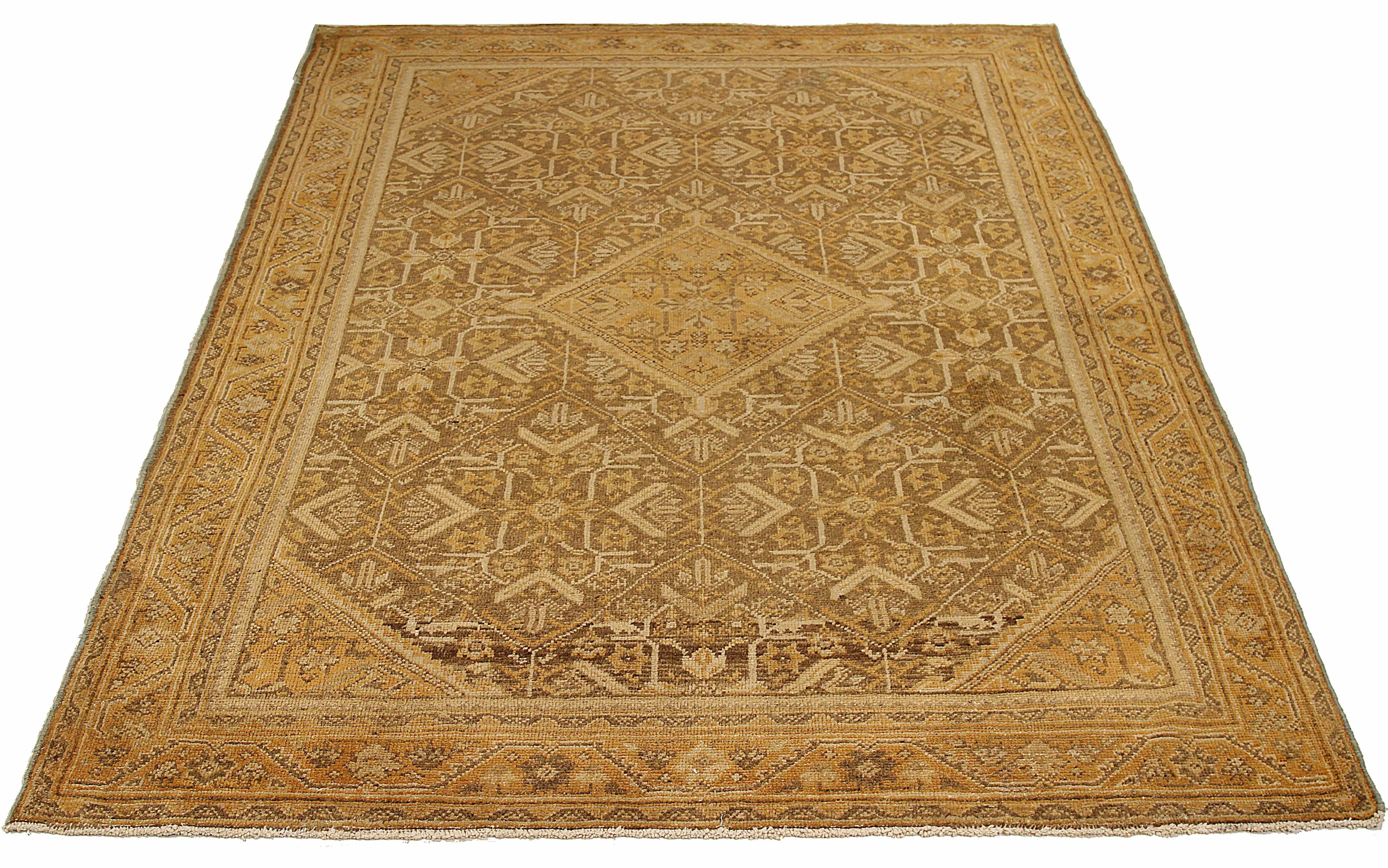 Antique Persian area rug handwoven from the finest sheep’s wool. It’s colored with all-natural vegetable dyes that are safe for humans and pets. It’s a traditional Meshkabad design handwoven by expert artisans. It’s a lovely area rug that can be