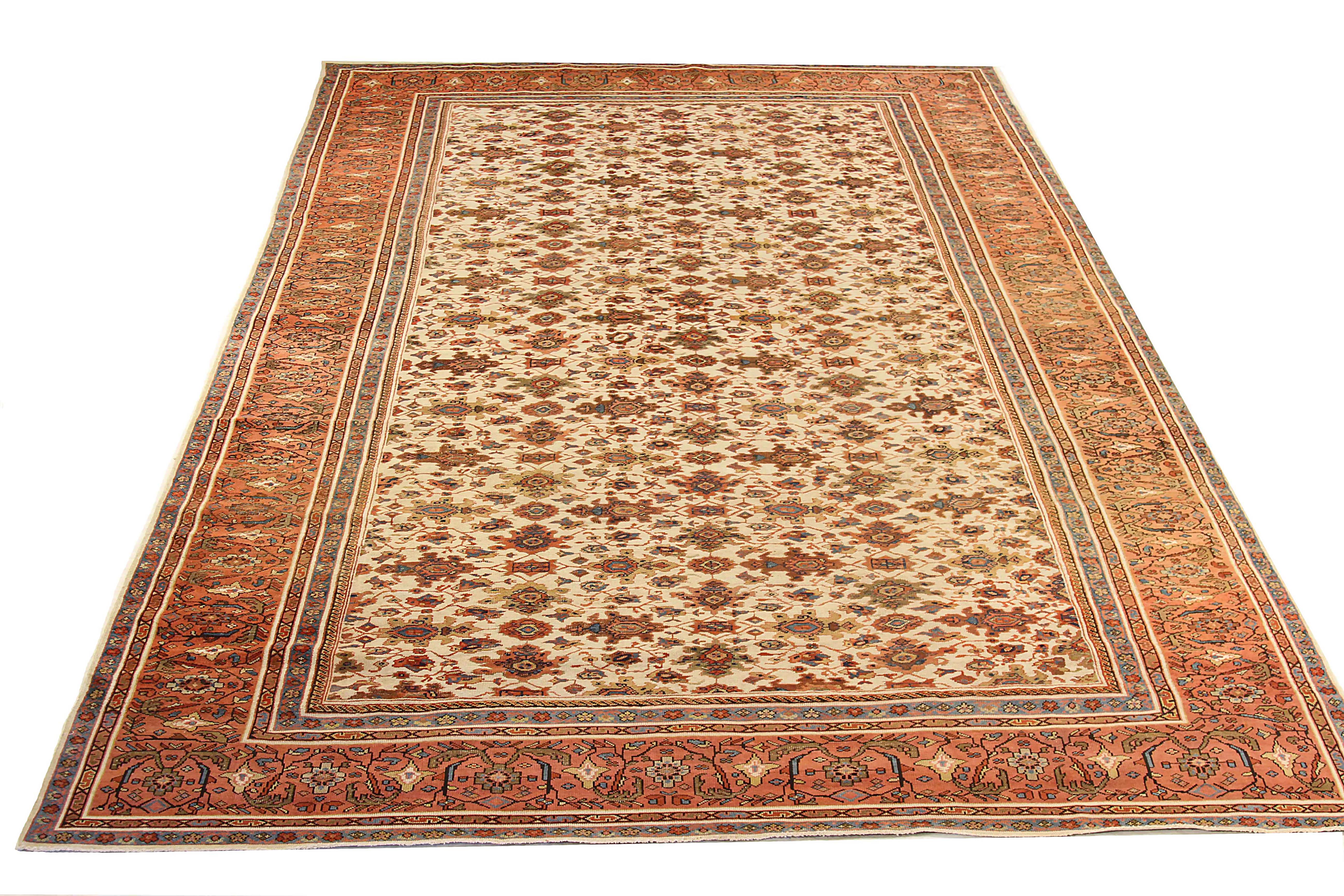 Antique Persian runner rug handmade from the highest quality of sheep wool. It’s colored with eco-friendly vegetable dyes that are safe for humans and pets alike. It’s a traditional Sultanabad design handwoven by expert artisans. It’s a lovely area