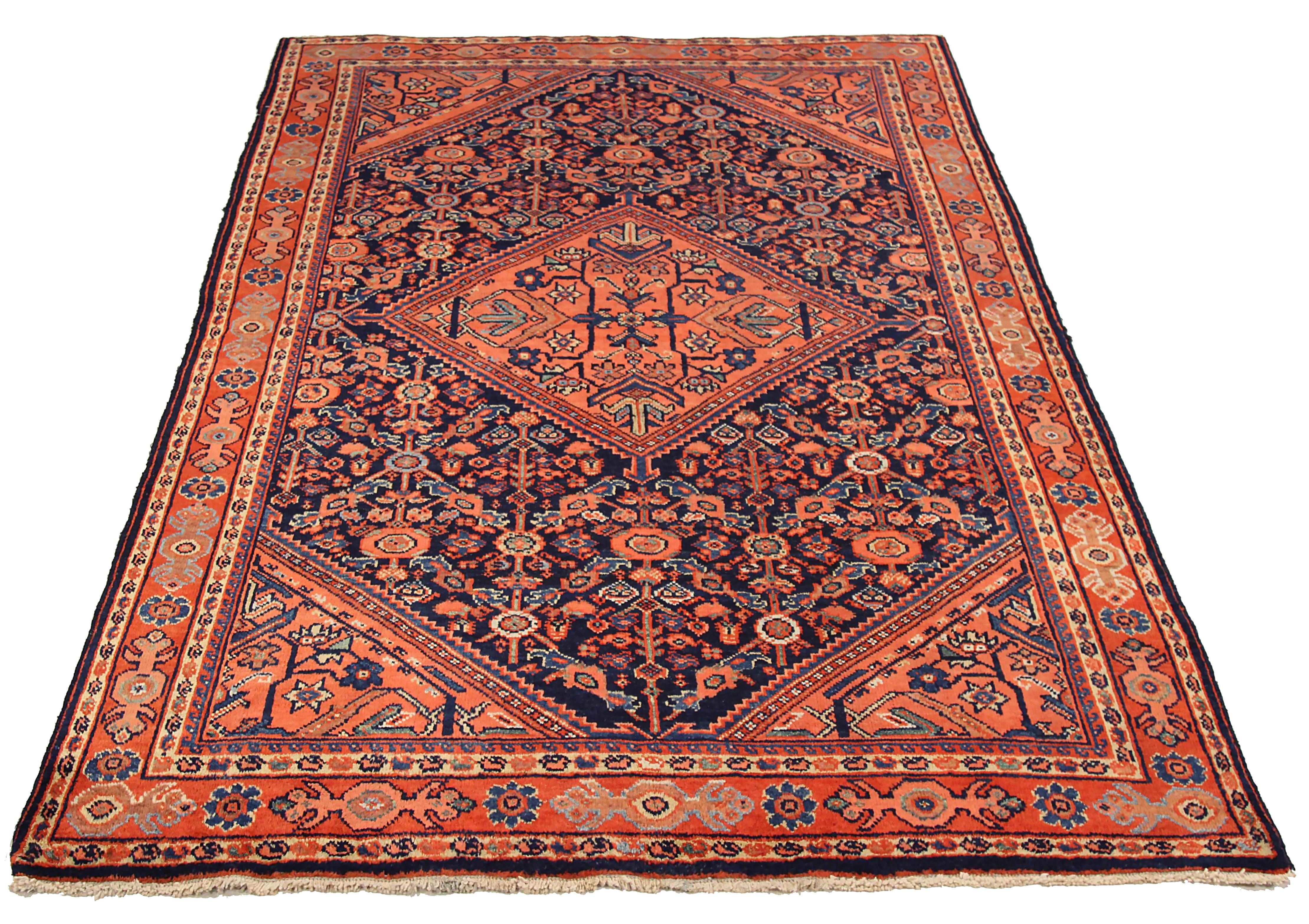 Antique Persian area rug handwoven from the finest sheep’s wool. It’s colored with all-natural vegetable dyes that are safe for humans and pets. It’s a traditional Sultanabad design handwoven by expert artisans. It’s a lovely area rug that can be