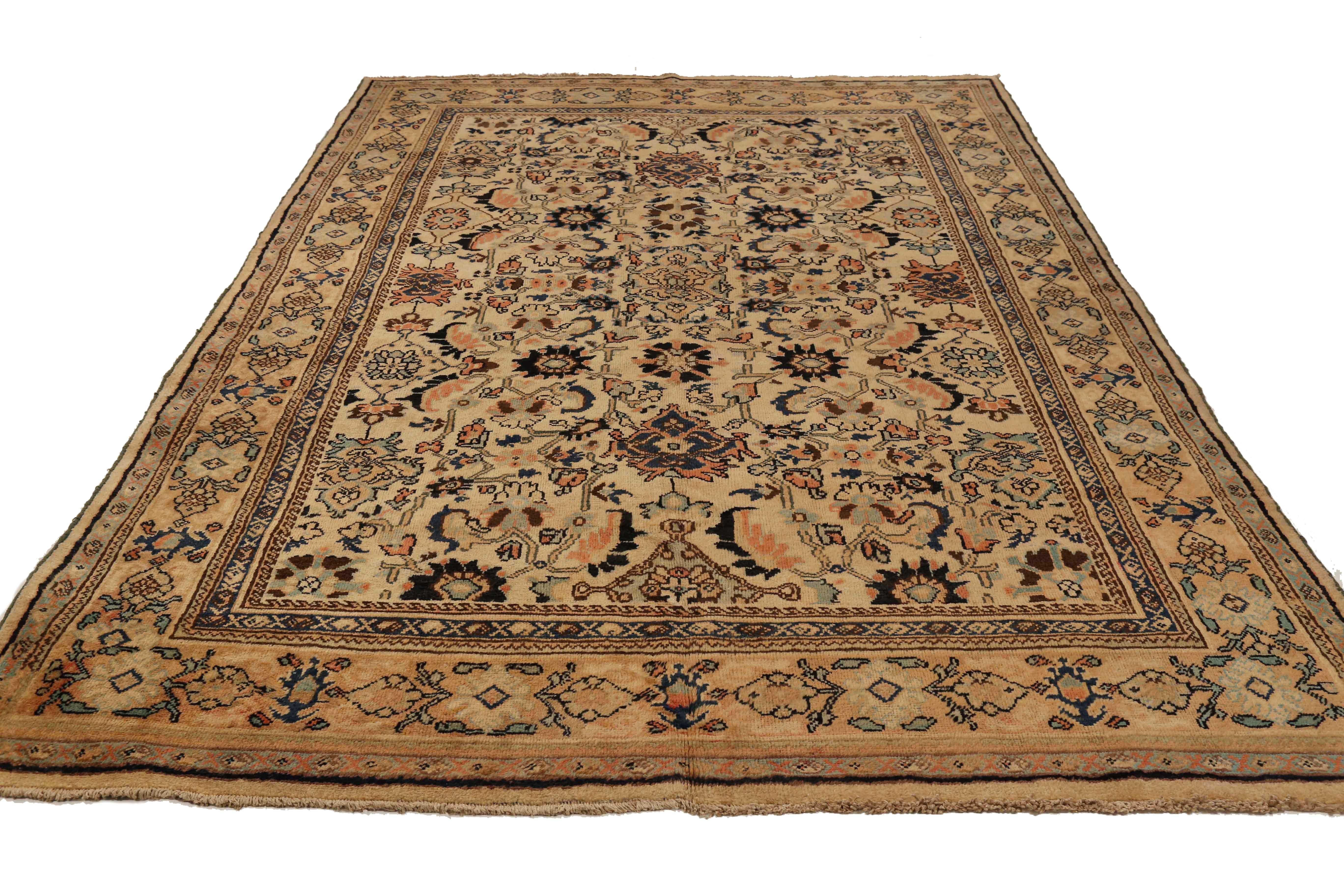 Antiker persischer Teppich, handgewebt aus feinster Schafswolle. Es ist mit natürlichen pflanzlichen Farbstoffen gefärbt, die für Menschen und Haustiere sicher sind. Es ist ein traditionelles Sultanabad-Design, das von erfahrenen Kunsthandwerkern