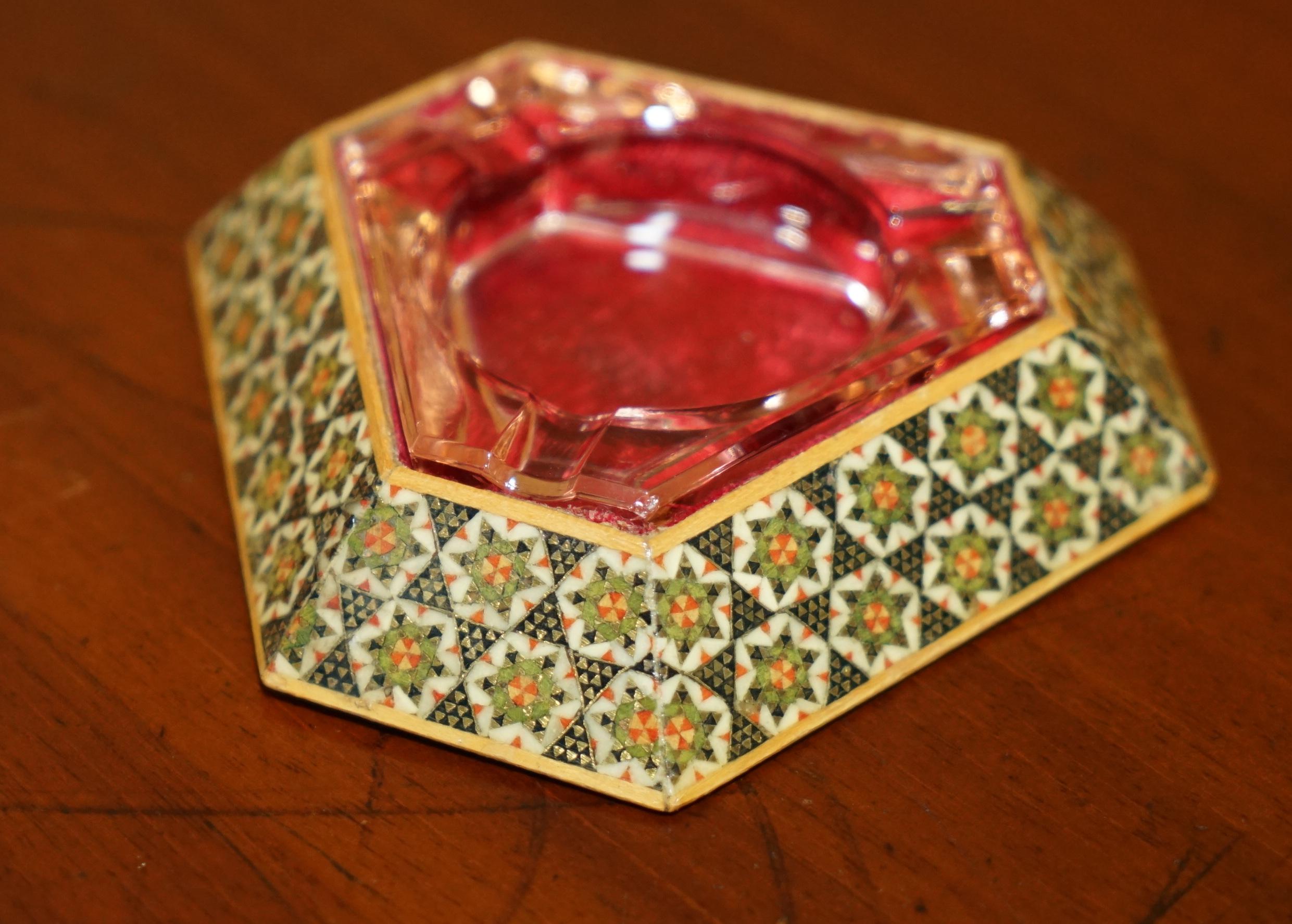 European ANTIQUE PERSIAN ASHTRAY WiTH CRANBERRY GLASS TRIANGLE INTERNAL TRAY For Sale