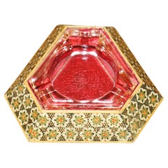 Vintage PERSIAN ASHTRAY WiTH CRANBERRY GLASS TRIANGLE INTERNAL TRAY