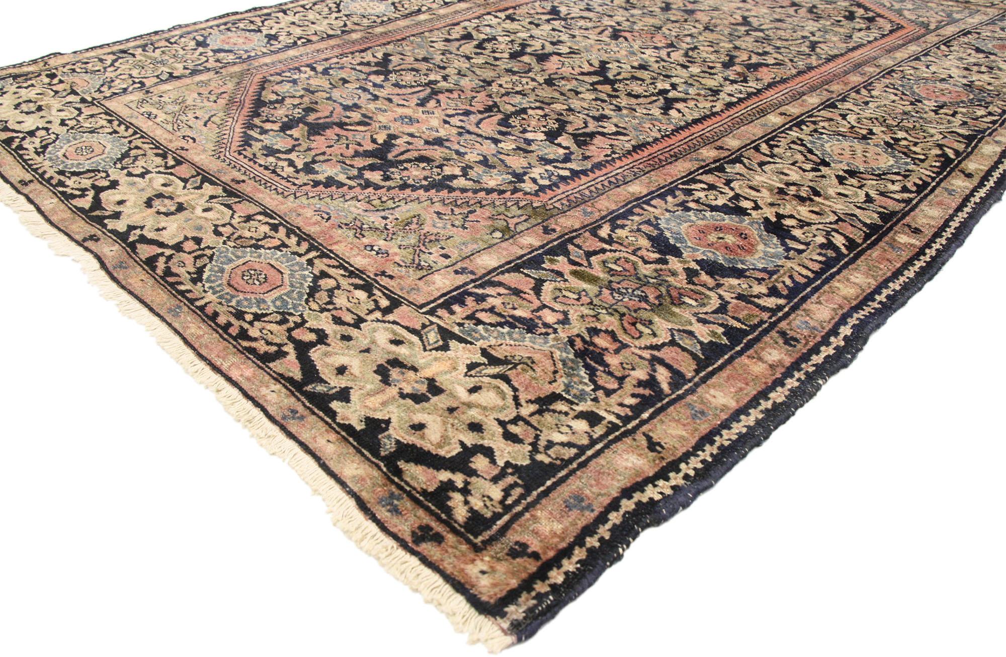 71233, antique Persian Assadabad Hamadan Accent rug. Classic and luxurious, this hand-knotted wool Antique Persian Assadabad Hamadan accent rug features an allover Herati pattern with a cut-out field with jagged edges. It is enclosed with Herati