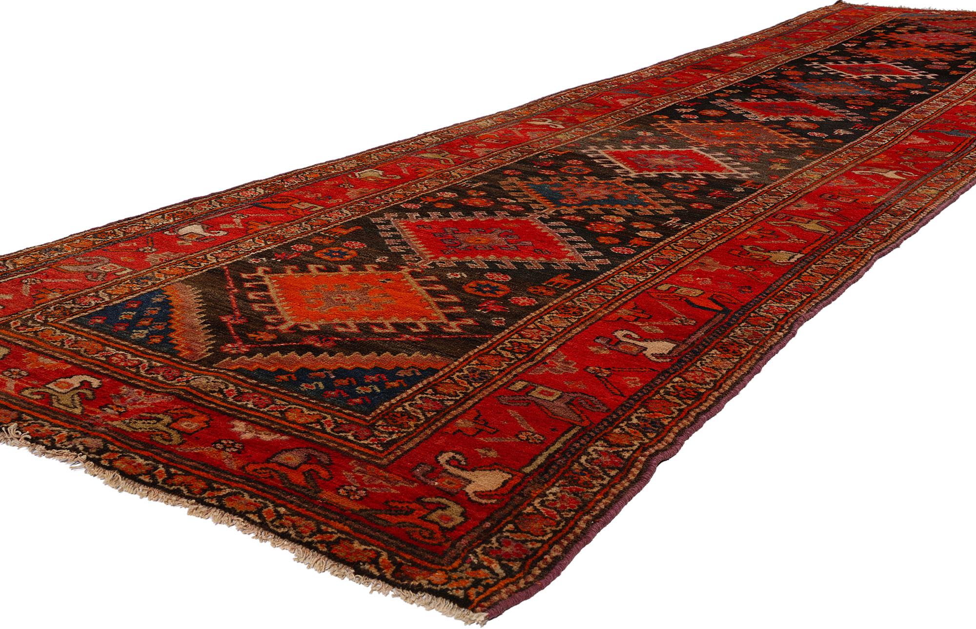 53875 Antique Persian Azerbaijan Rug Runner, 03'05 x 13'00. Persian Azerbaijan rugs are traditional handwoven carpets originating from the Azerbaijani region in northwestern Iran. Renowned for their intricate designs, vibrant colors, and geometric