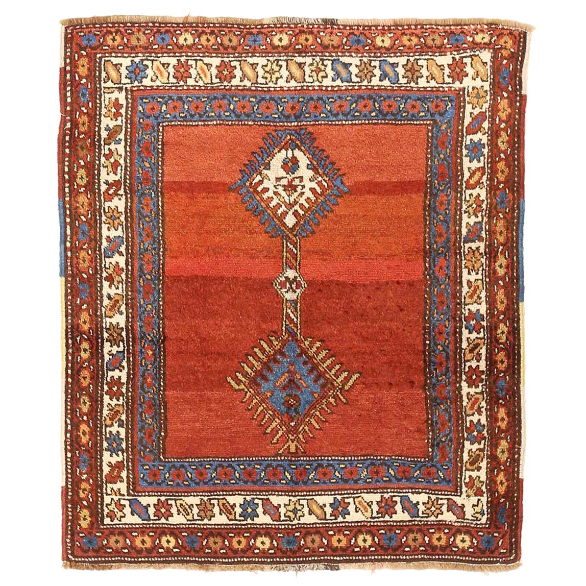 Antique Persian Azerbaijan Rug with Blue and Red Floral Details on Ivory Field