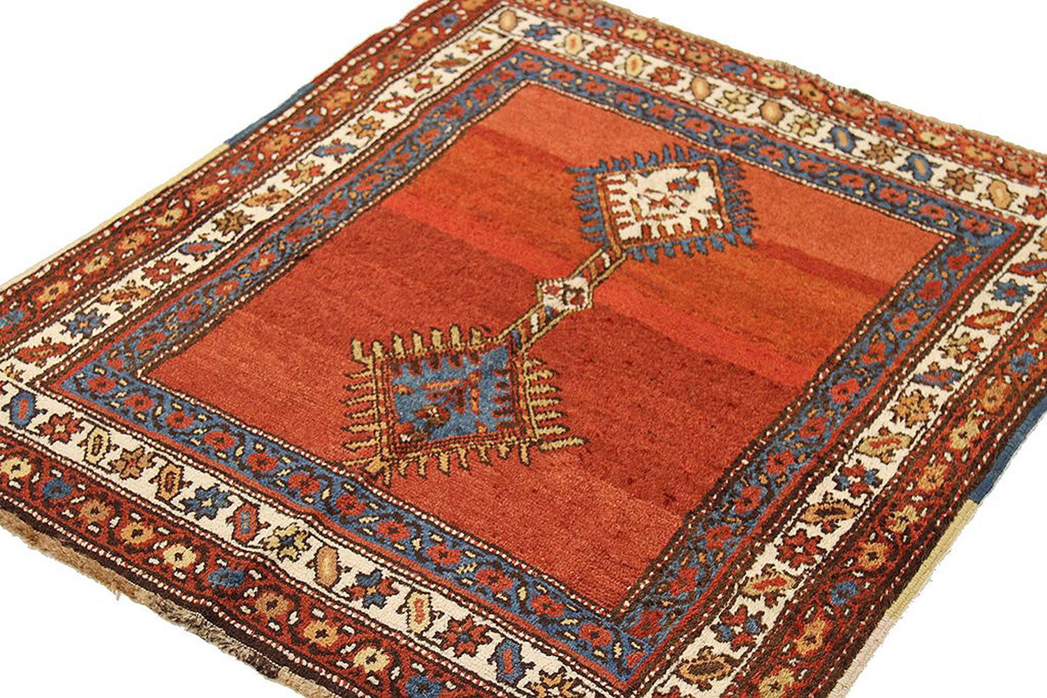 Other Antique Persian Azerbaijan Rug with Blue and Red Floral Details on Ivory Field For Sale