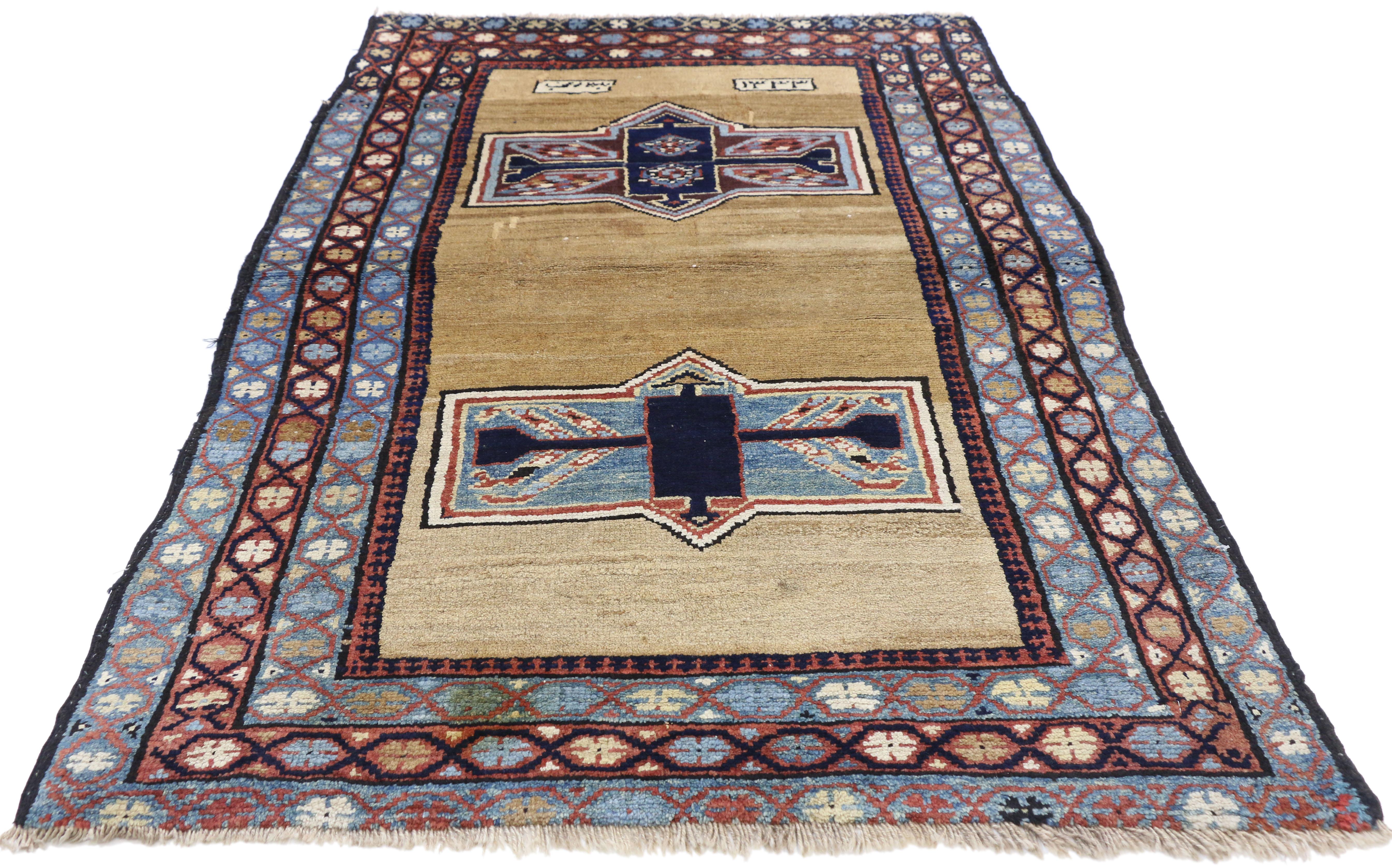 Hand-Knotted Antique Persian Azerbaijan Rug with Tribal Mid-Century Modern Style For Sale
