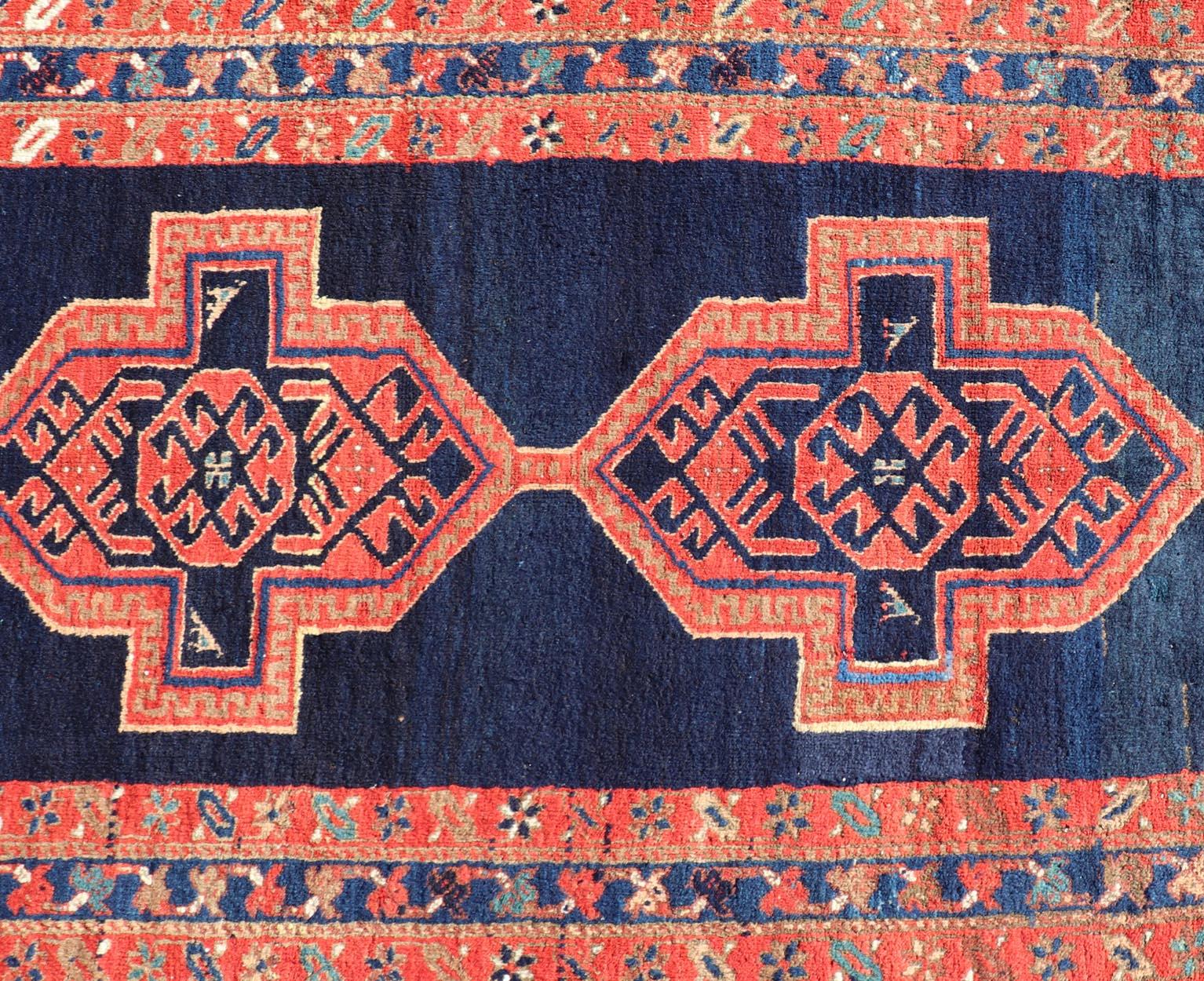 Heriz Serapi Antique Persian Azerbaijan Runner in Navy Blue Background with Large Medallions  For Sale