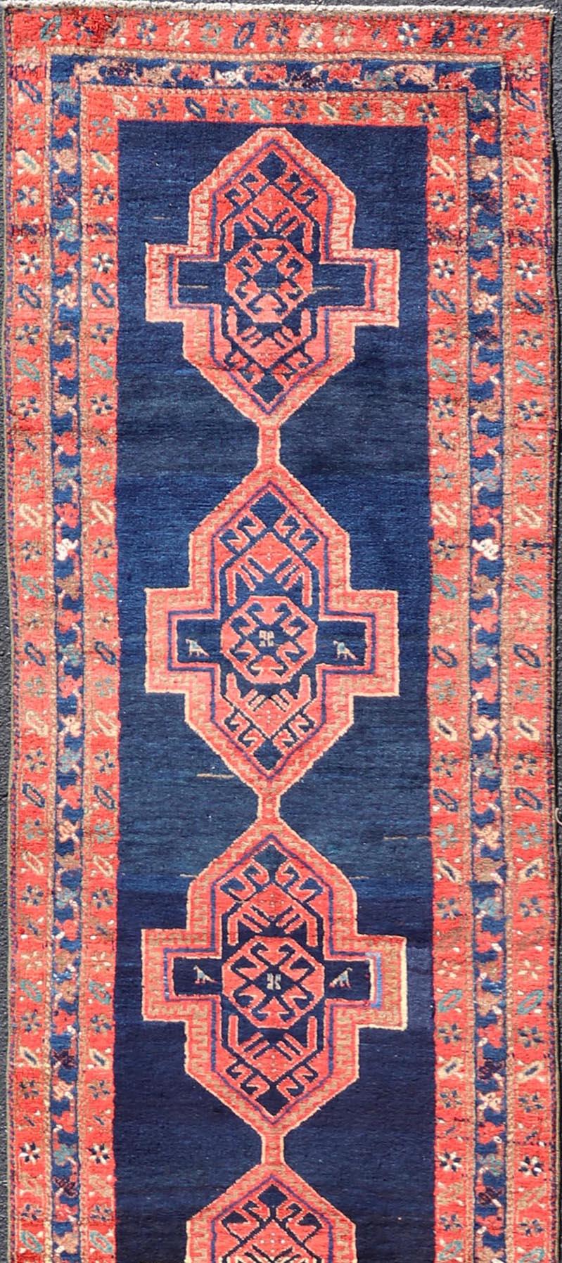 Hand-Knotted Antique Persian Azerbaijan Runner in Navy Blue Background with Large Medallions  For Sale